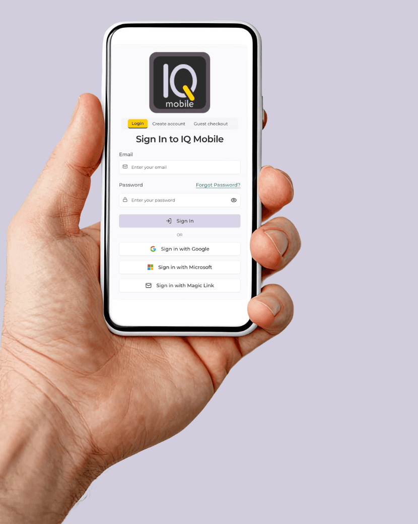 The IQ Mobile app shown on a smartphone