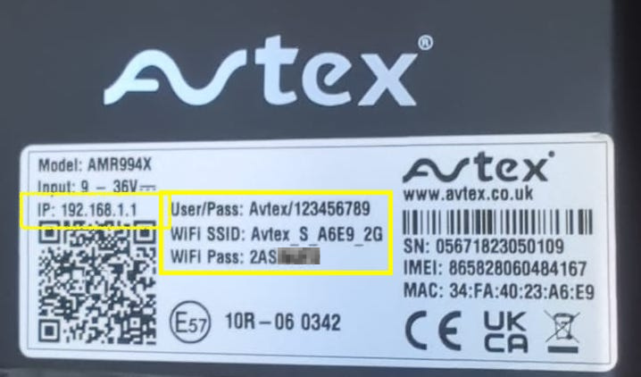 Avtex router back showing WiFi SSID and password