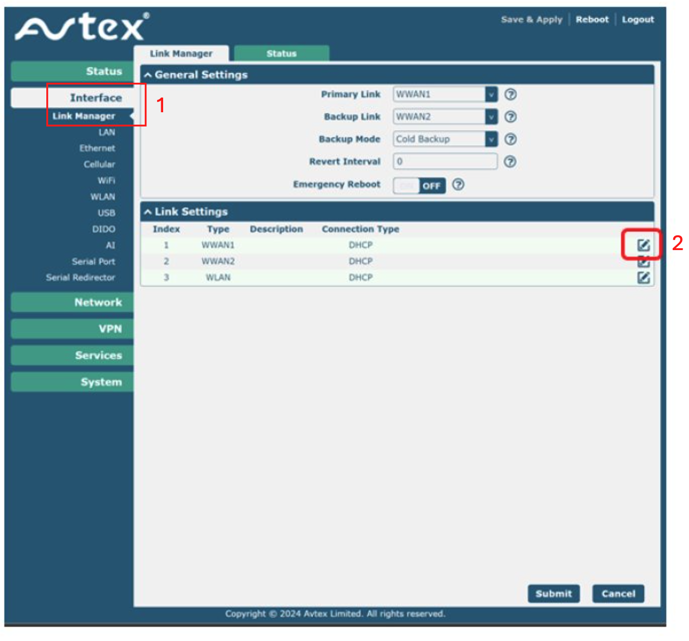 Avtex router Link Manager settings page