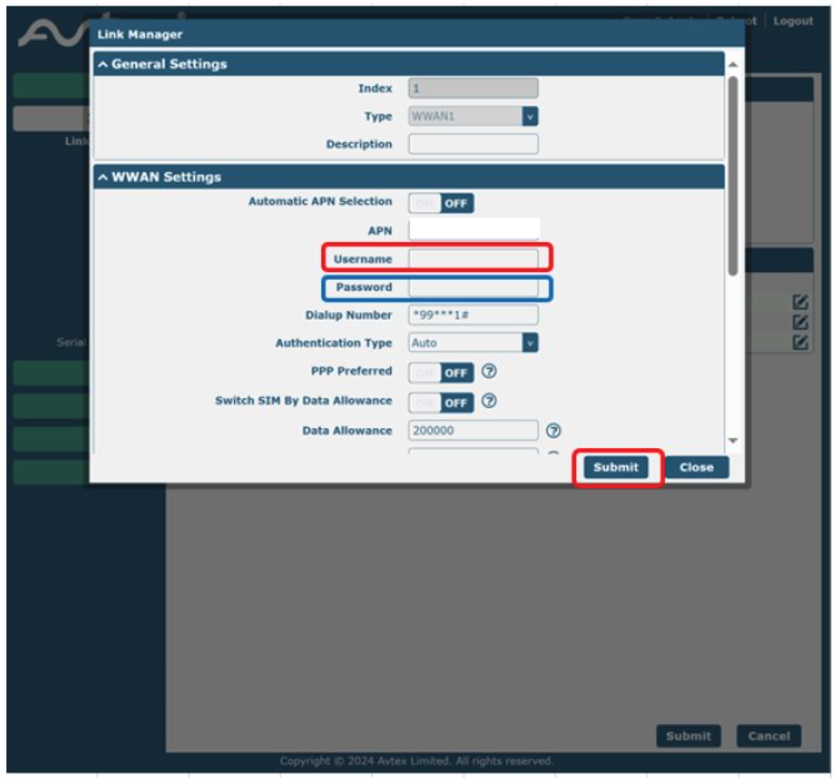 Avtex APN configuration page