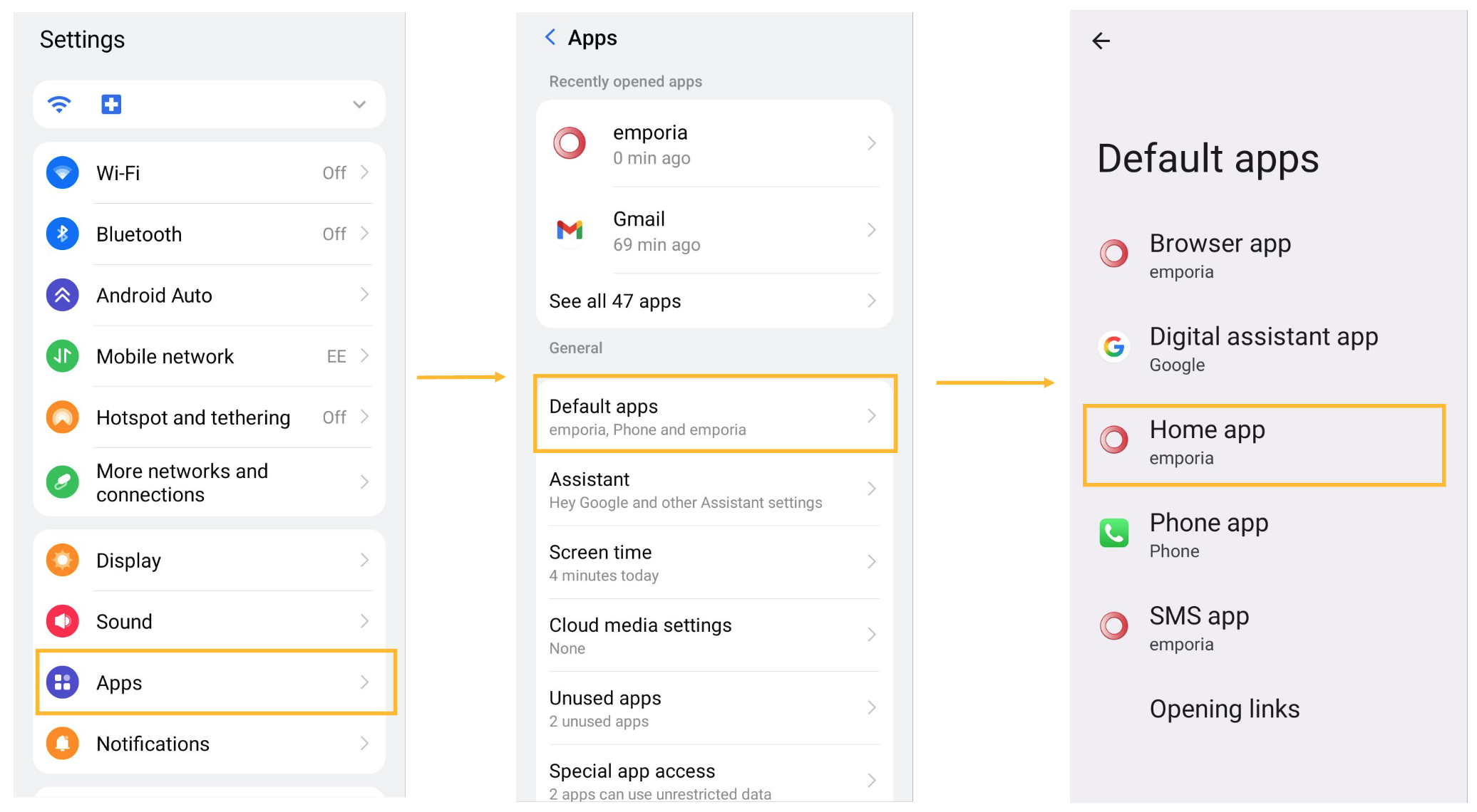 Apps > Default Apps > Home App selection