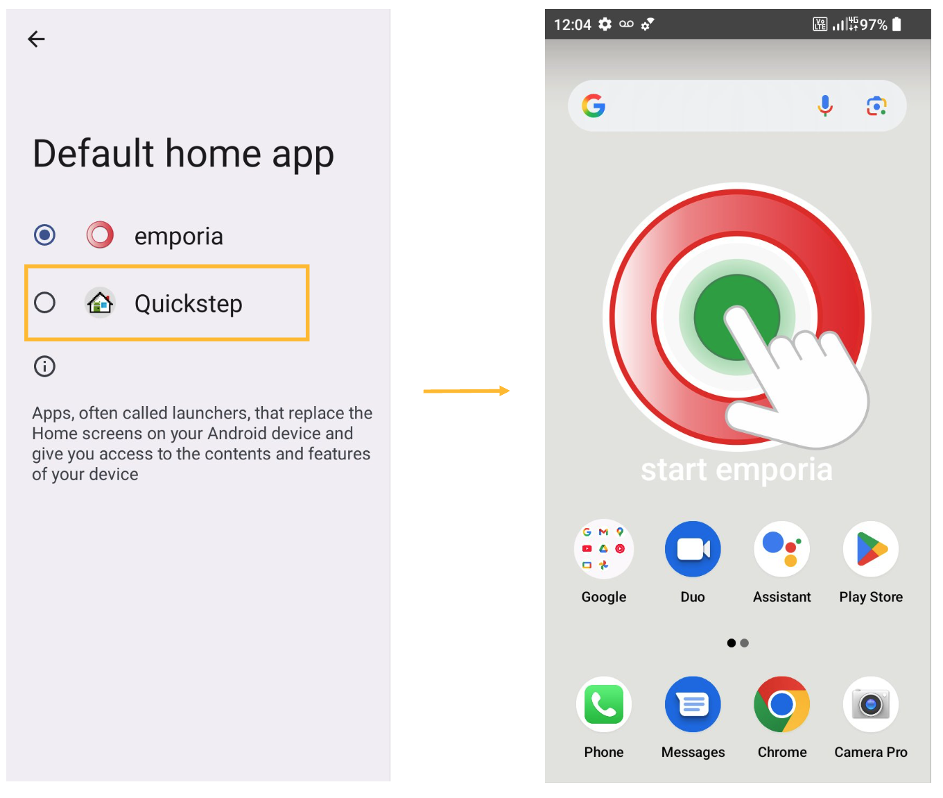Quickstep selected for Android mode