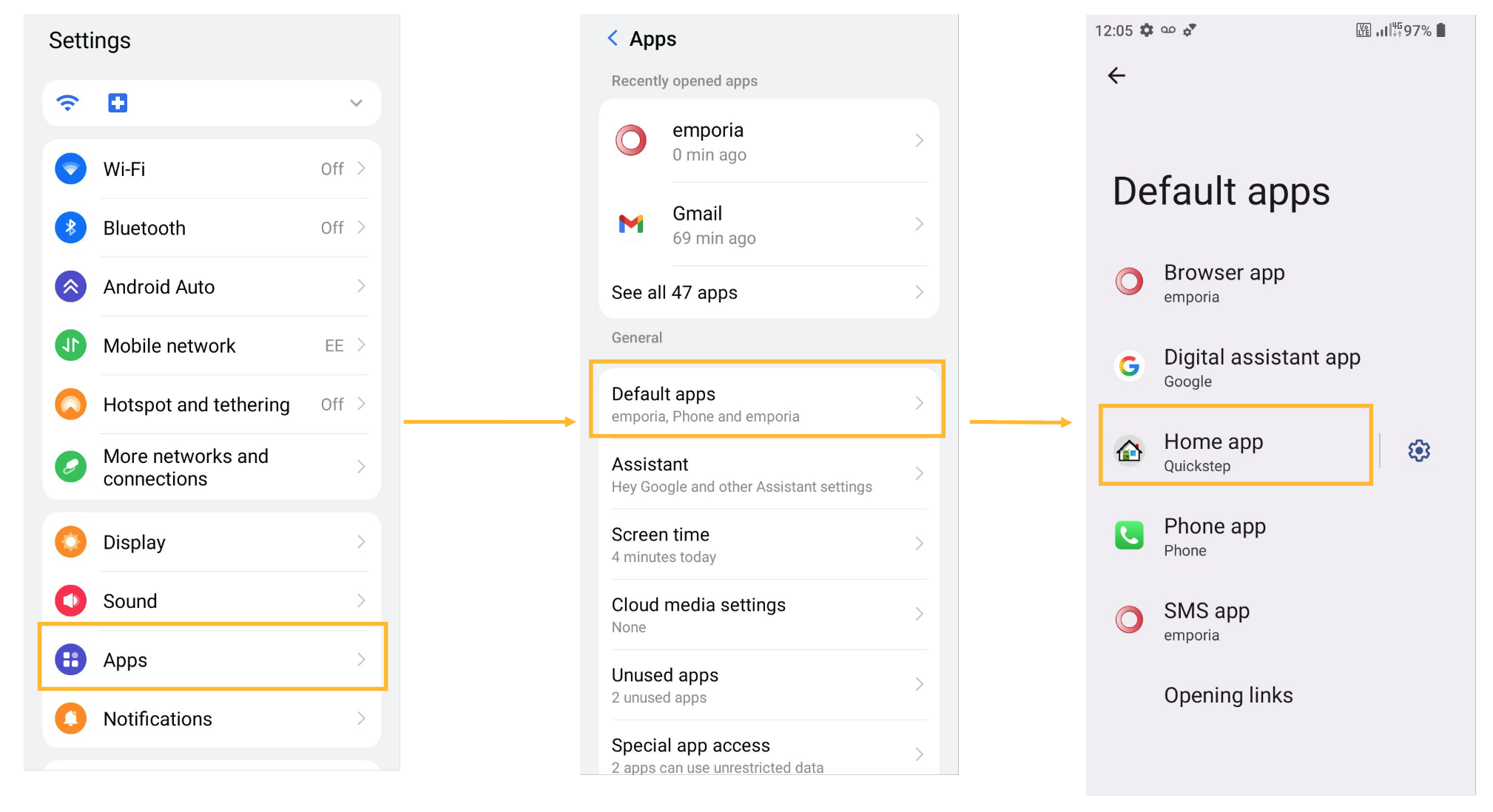 Apps > Default Apps > Home App selection