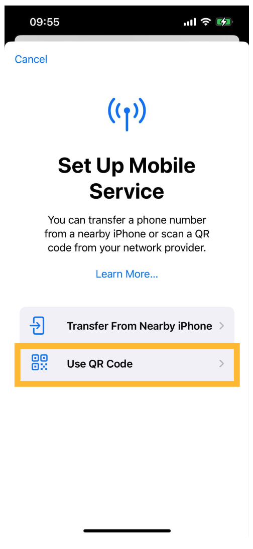 Use QR Code option for eSIM activation
