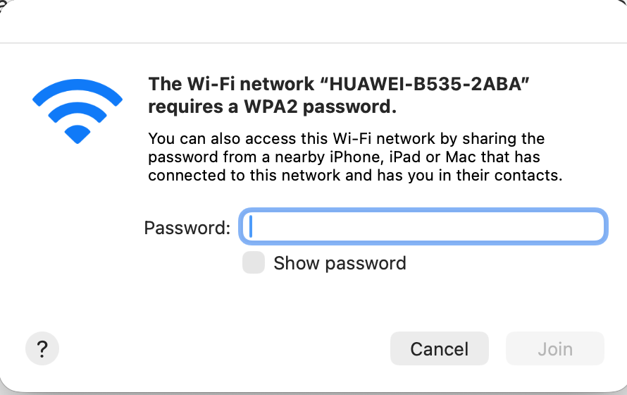 Mac WiFi password prompt for the Huawei B535 network