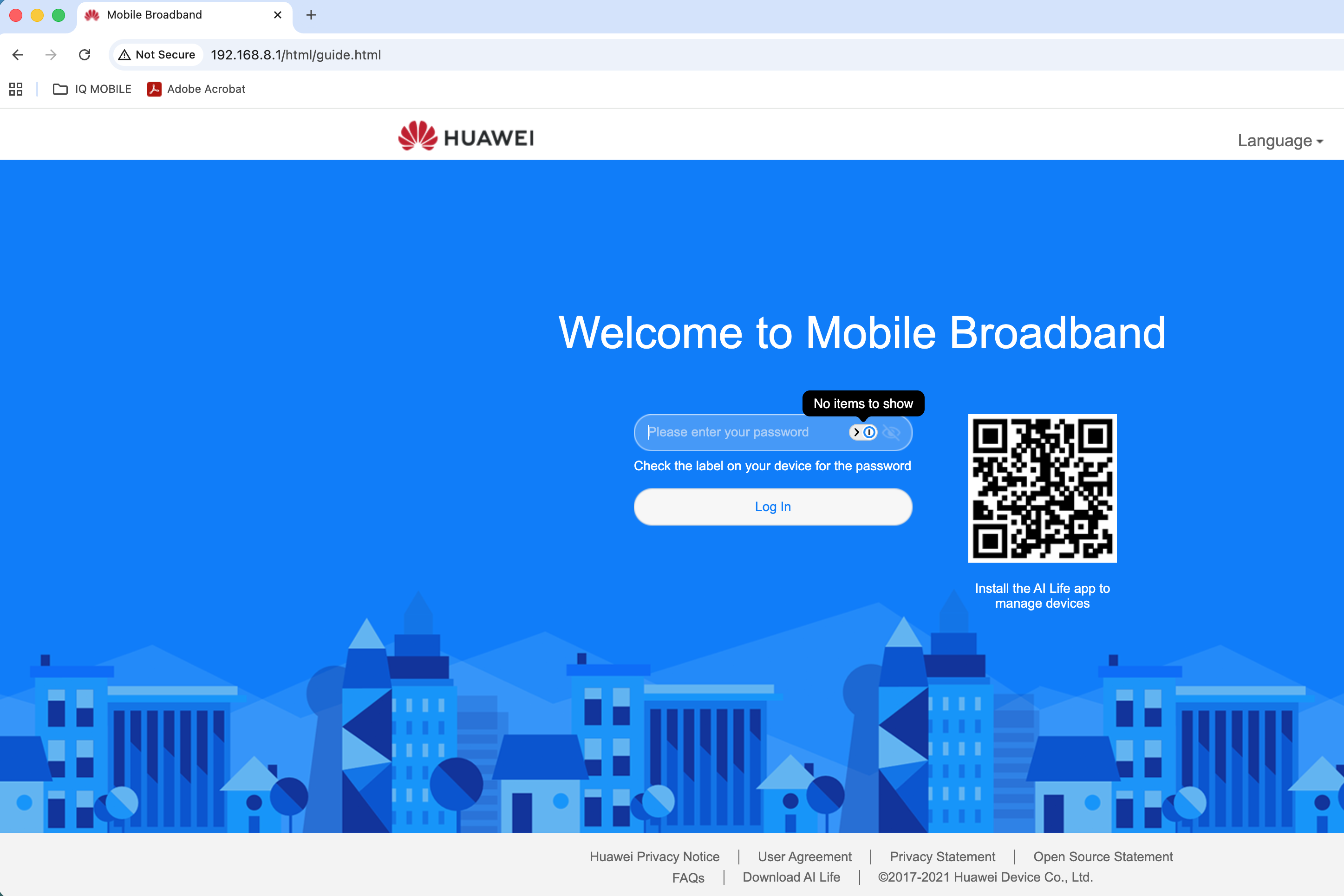 Huawei B535 Welcome to Mobile Broadband login page