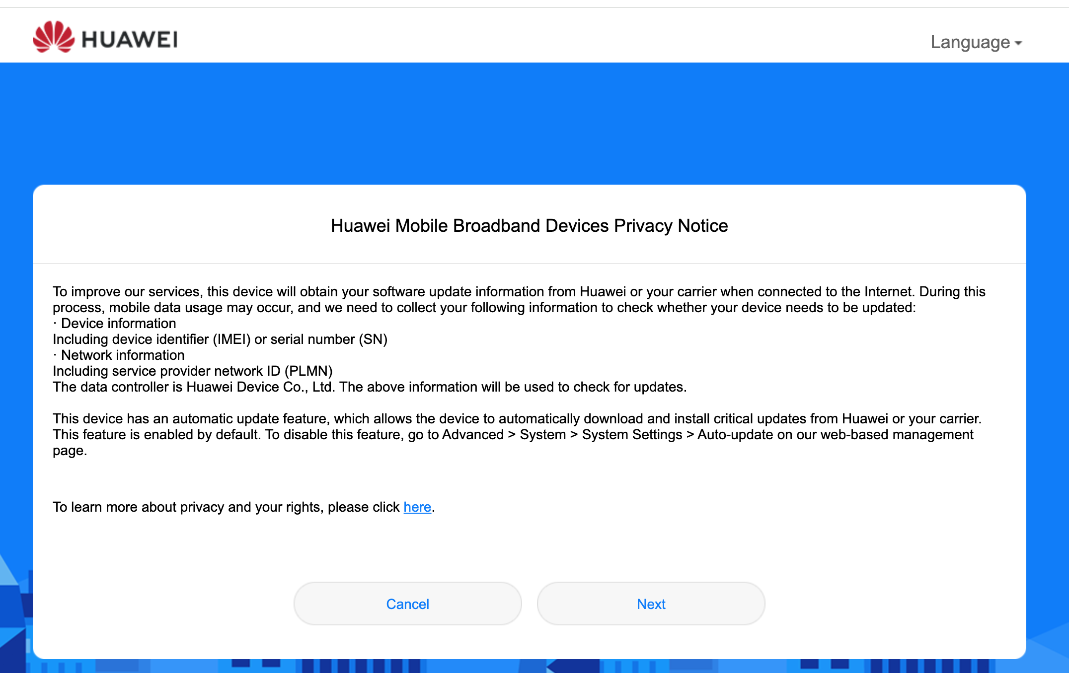 Huawei B535 first-run privacy notice dialog