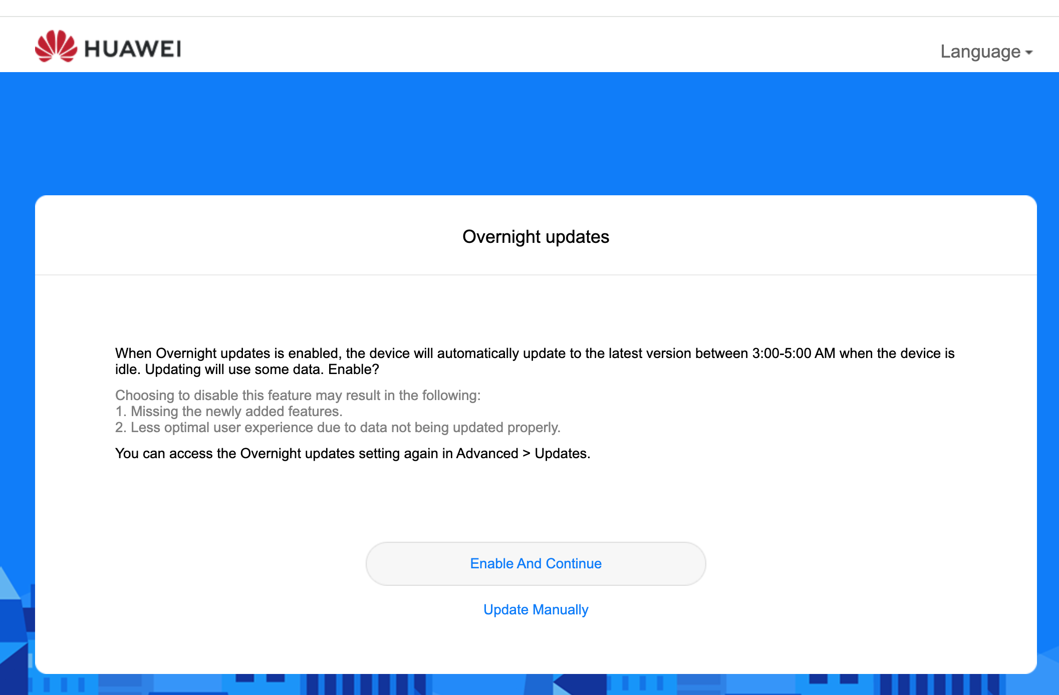 Huawei B535 overnight updates dialog warning that updates use mobile data