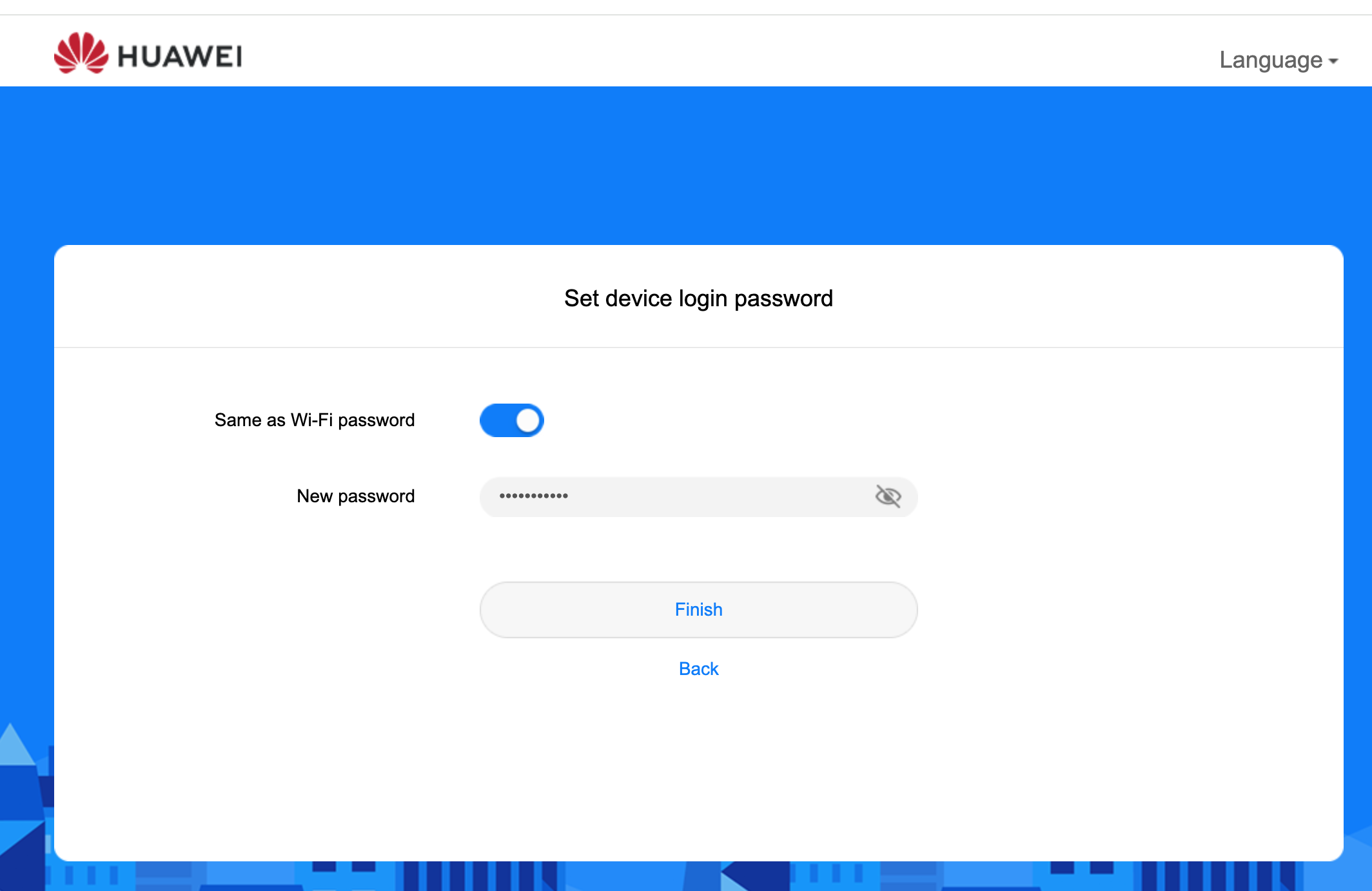 Huawei B535 set device login password screen — Same as Wi-Fi password toggle enabled, password filled in