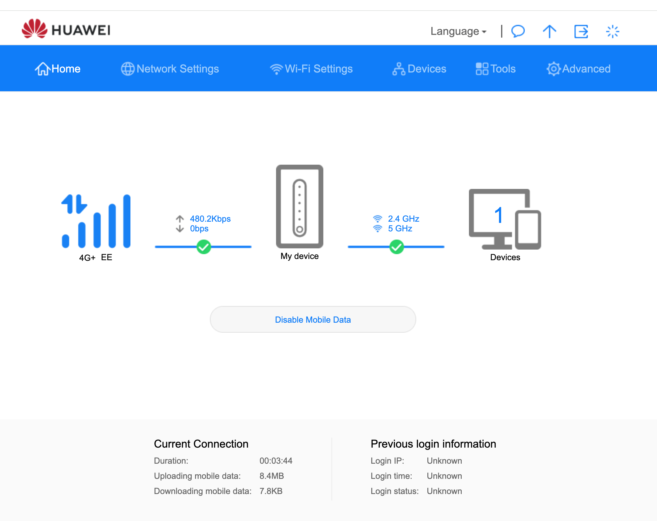 Huawei B535 home screen showing 4G+ EE connection with data activity and one connected device