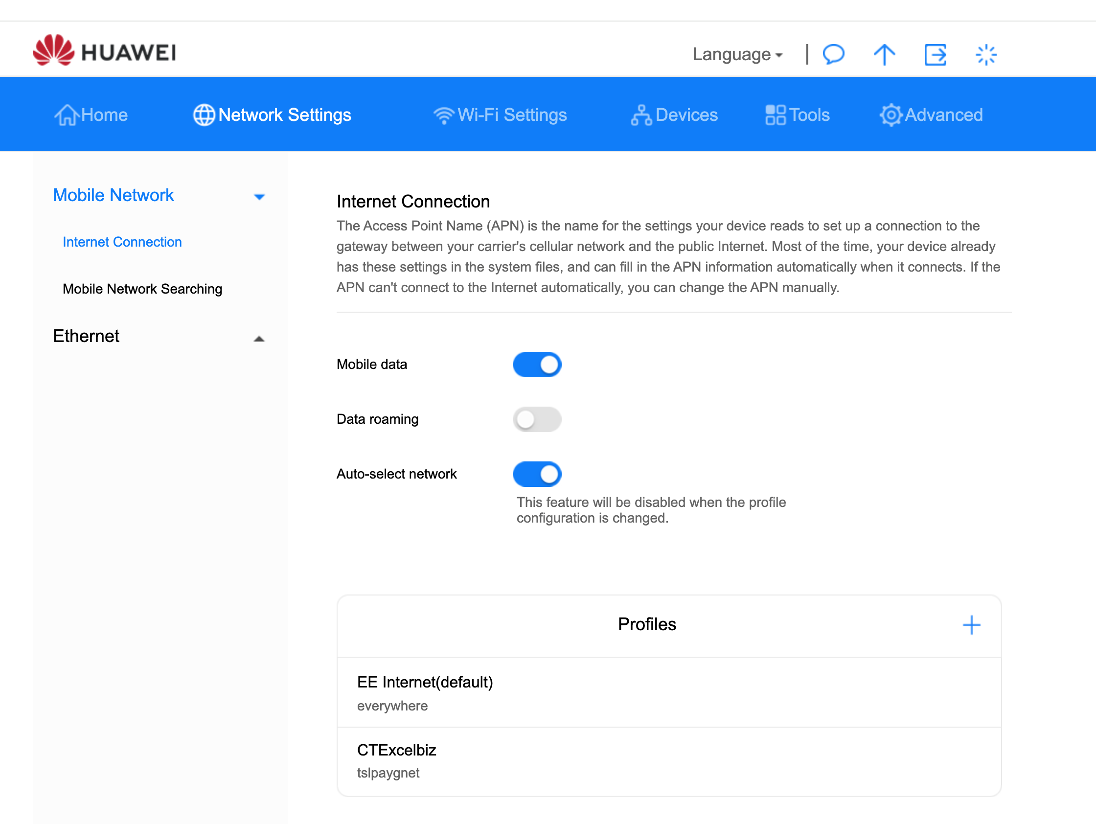 Huawei B535 Network Settings — Mobile Network — Internet Connection page showing APN profiles