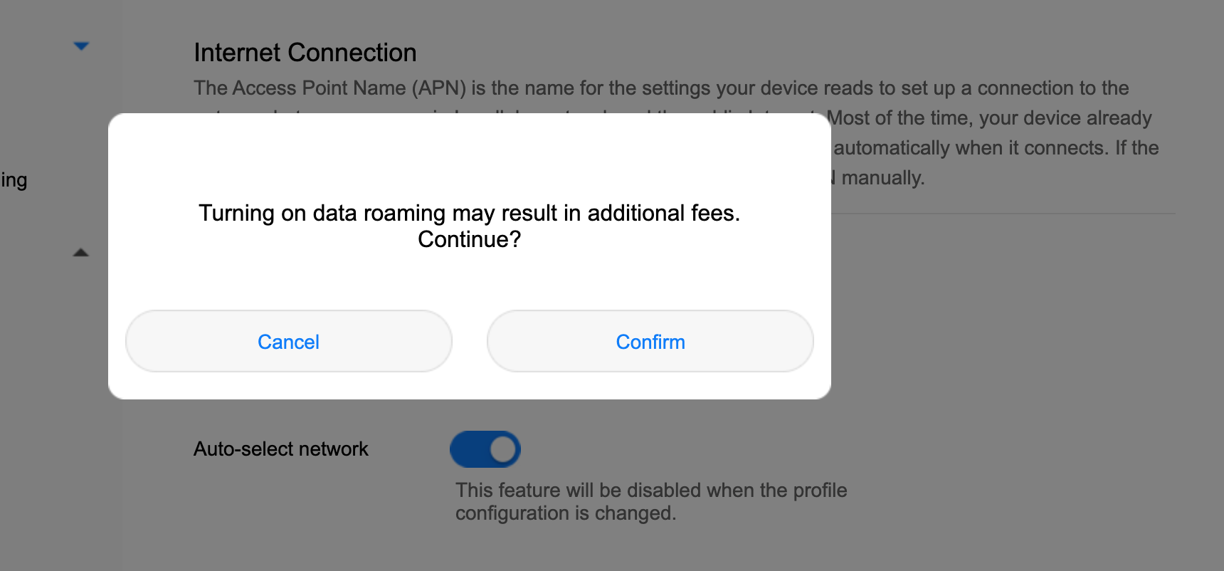 Huawei B535 data roaming warning dialog asking to confirm enabling roaming
