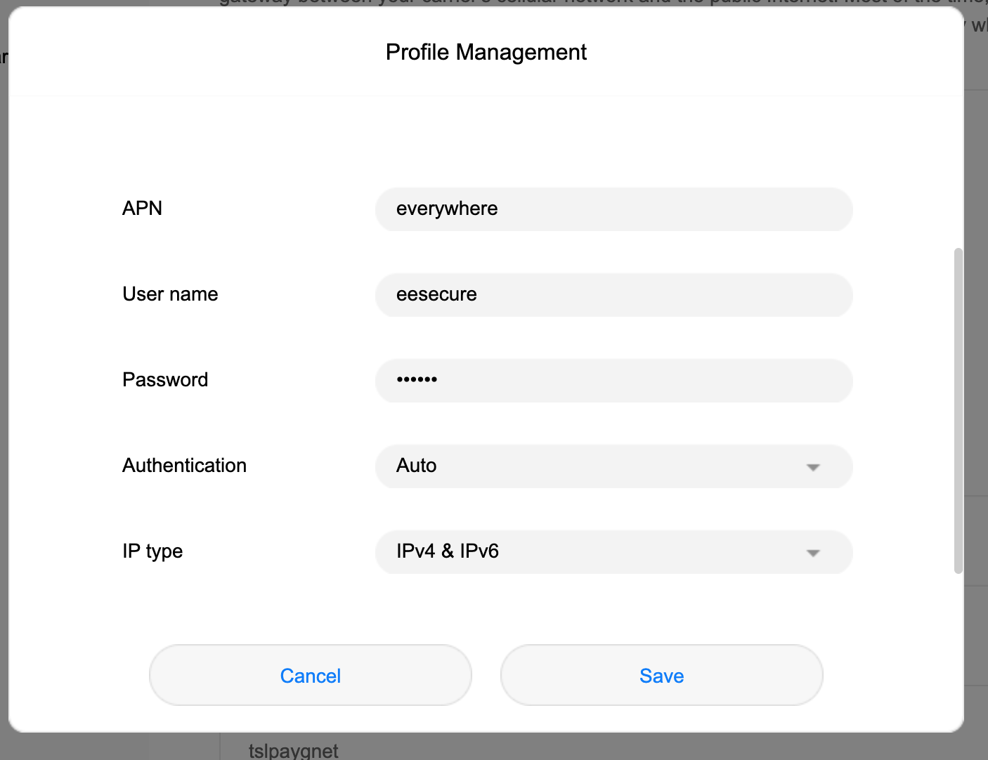 Huawei B535 Profile Management dialog — APN fields filled in with IQ Mobile credentials