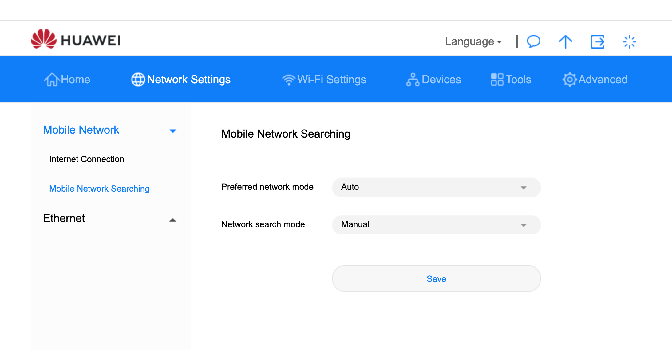 Huawei B535 Network Settings — Mobile Network Searching page with Network search mode set to Manual