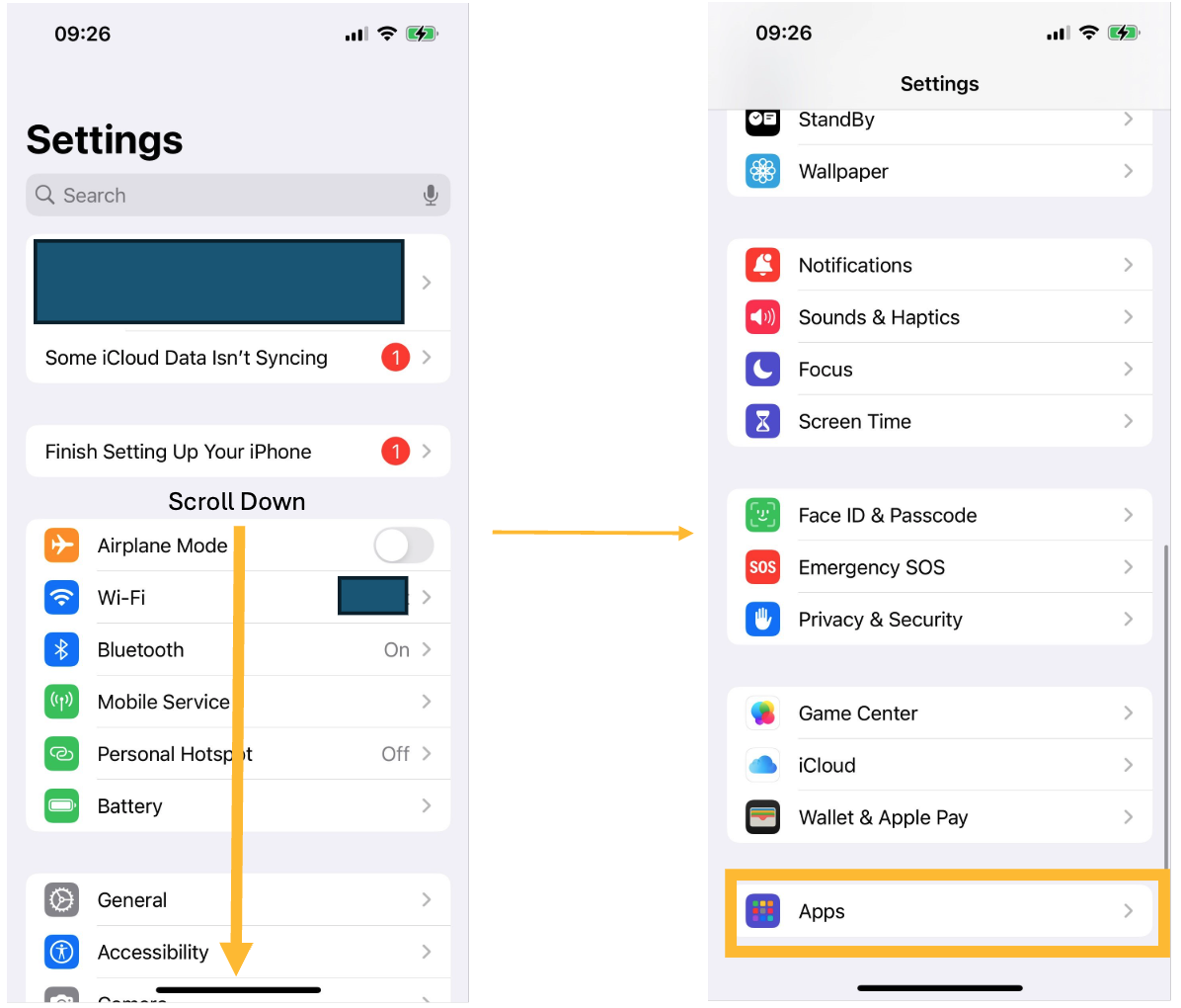 Apps section in Settings