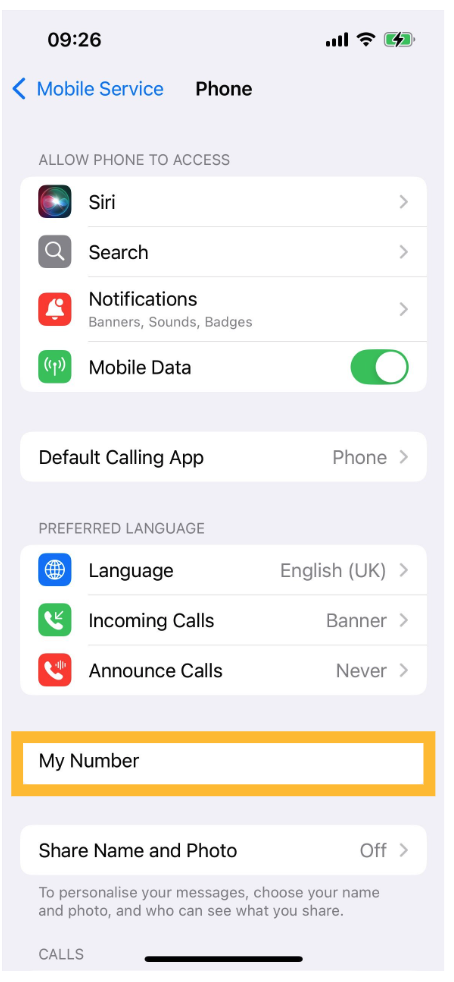 My Number setting in Phone app