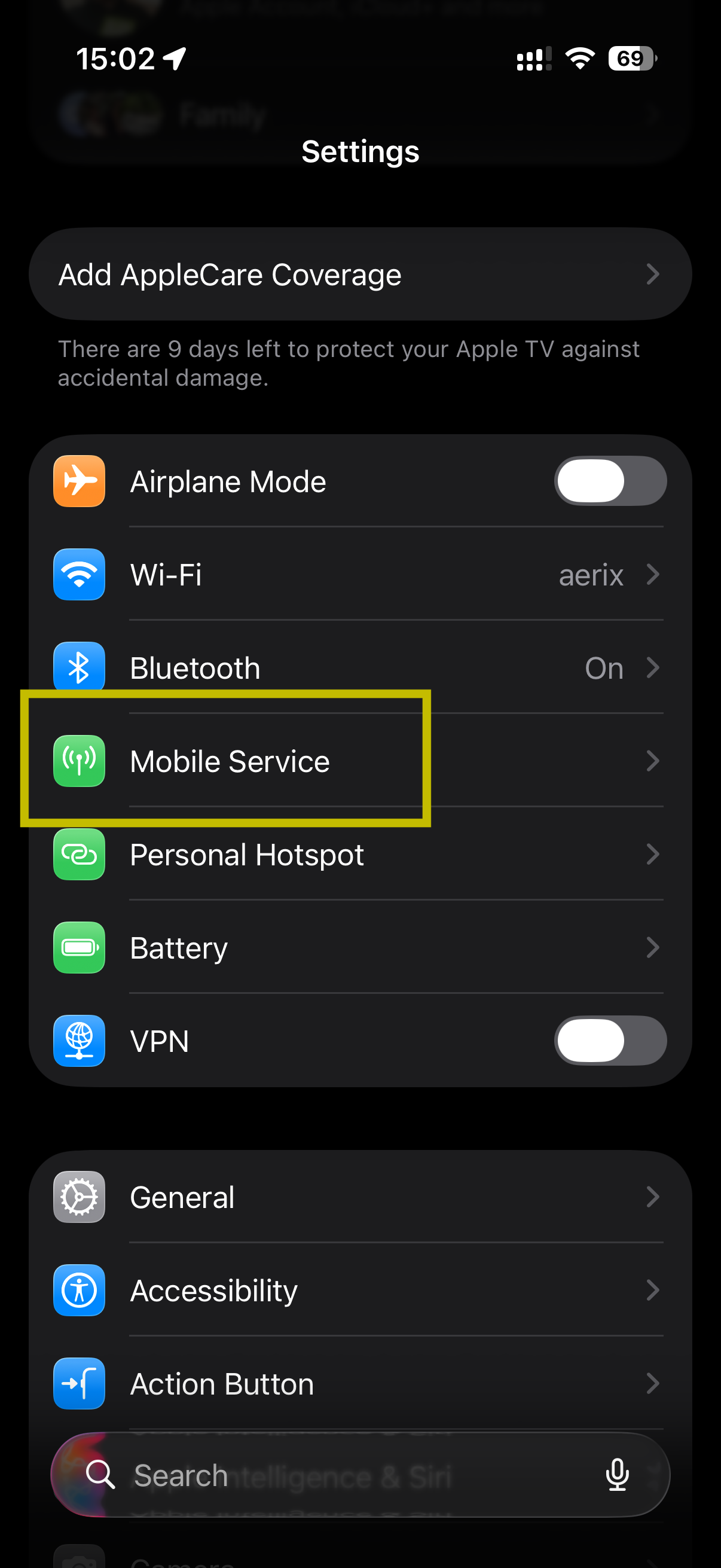iPhone Settings showing Mobile Service option