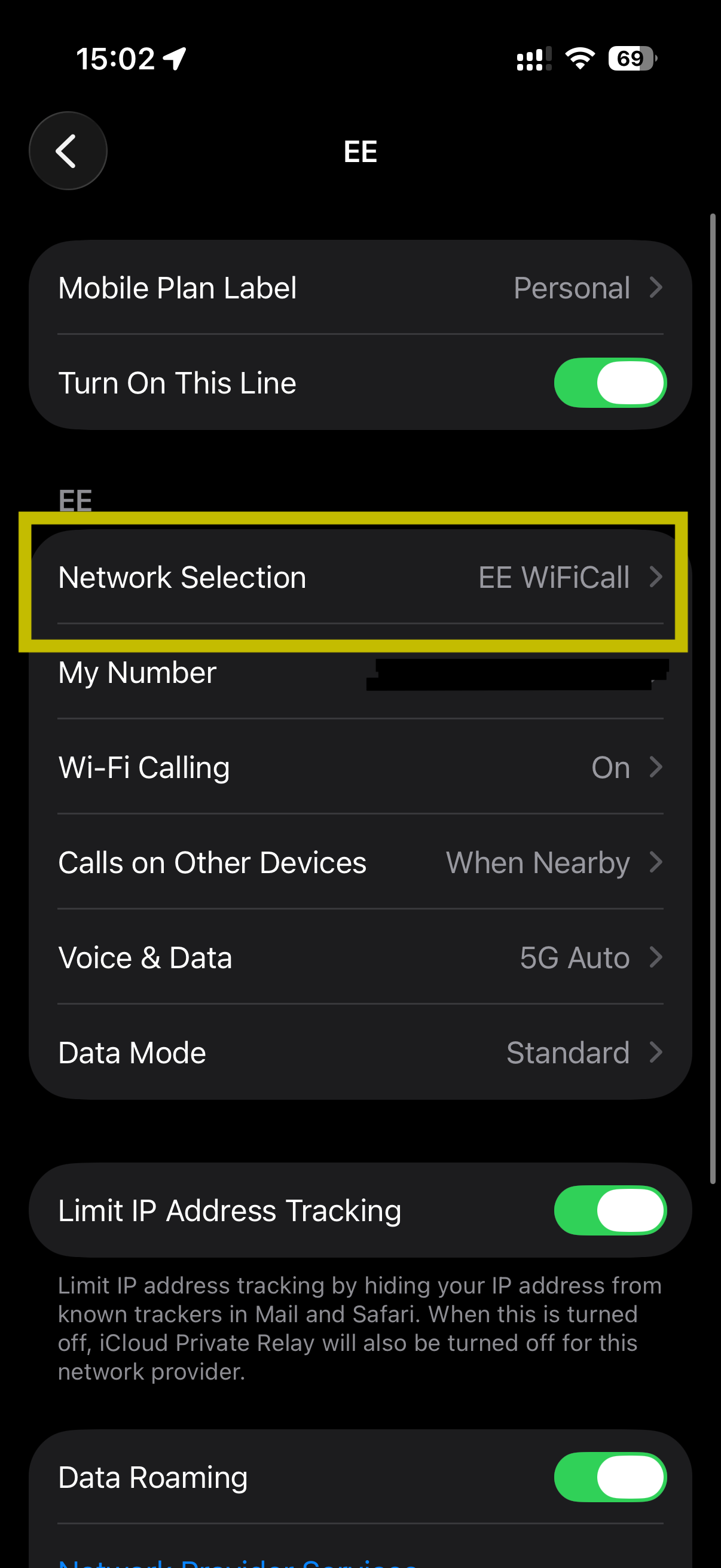 Network Selection option in Mobile Service menu