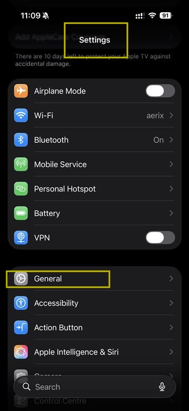 iPhone Settings and General menu
