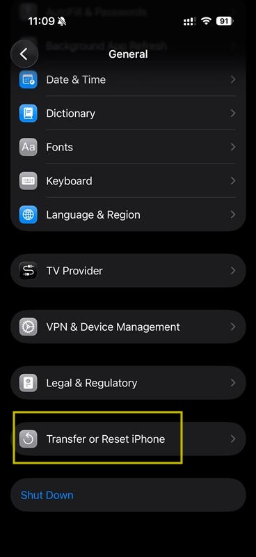 Transfer or Reset iPhone option in General settings