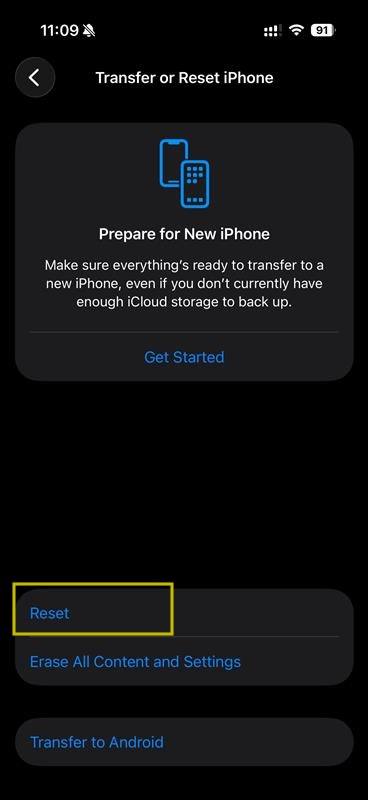 Reset button highlighted in Transfer or Reset iPhone menu