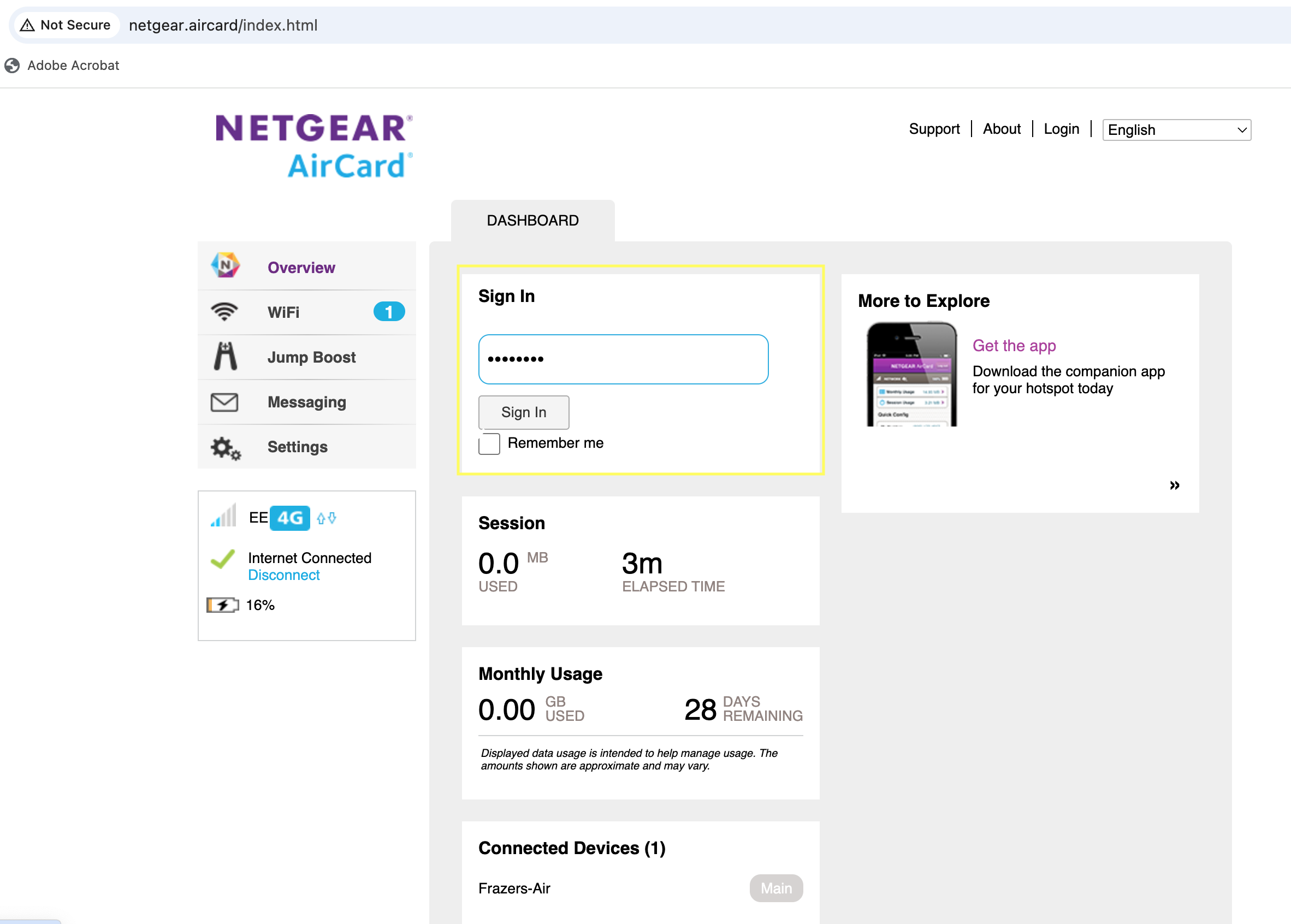 NETGEAR AirCard login screen
