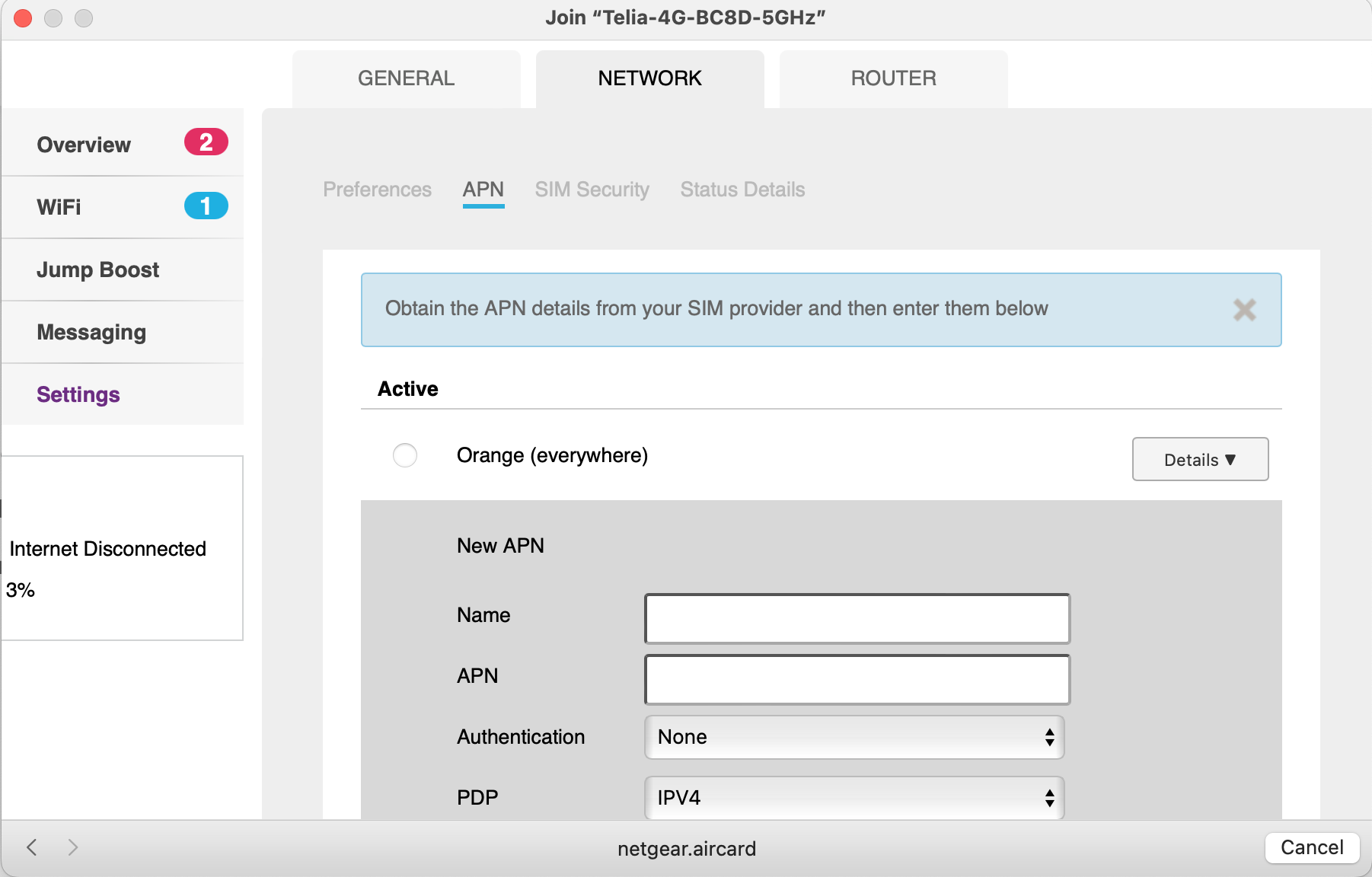 Network menu and APN tab