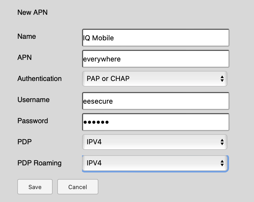 APN fields populated with IQ Mobile settings