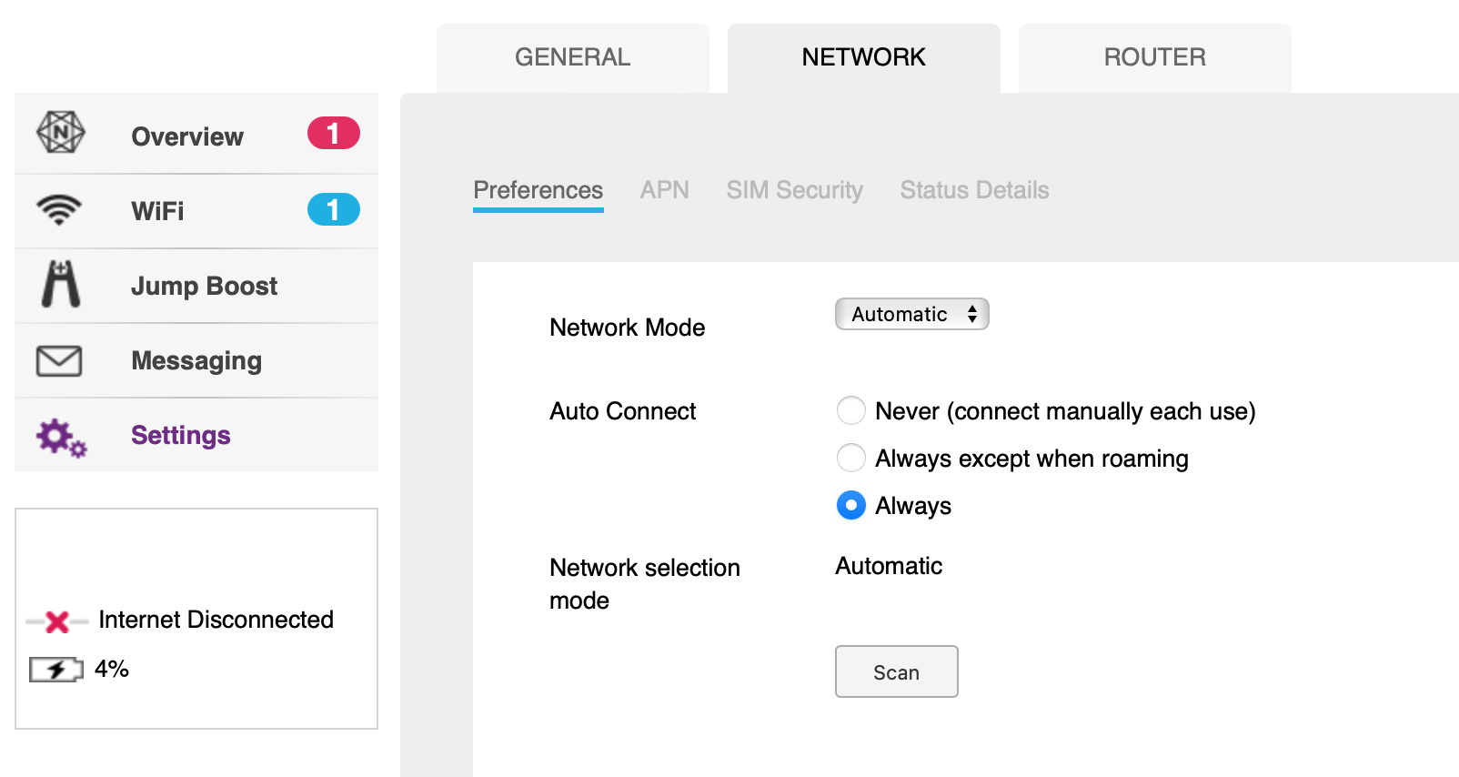 Network preferences section
