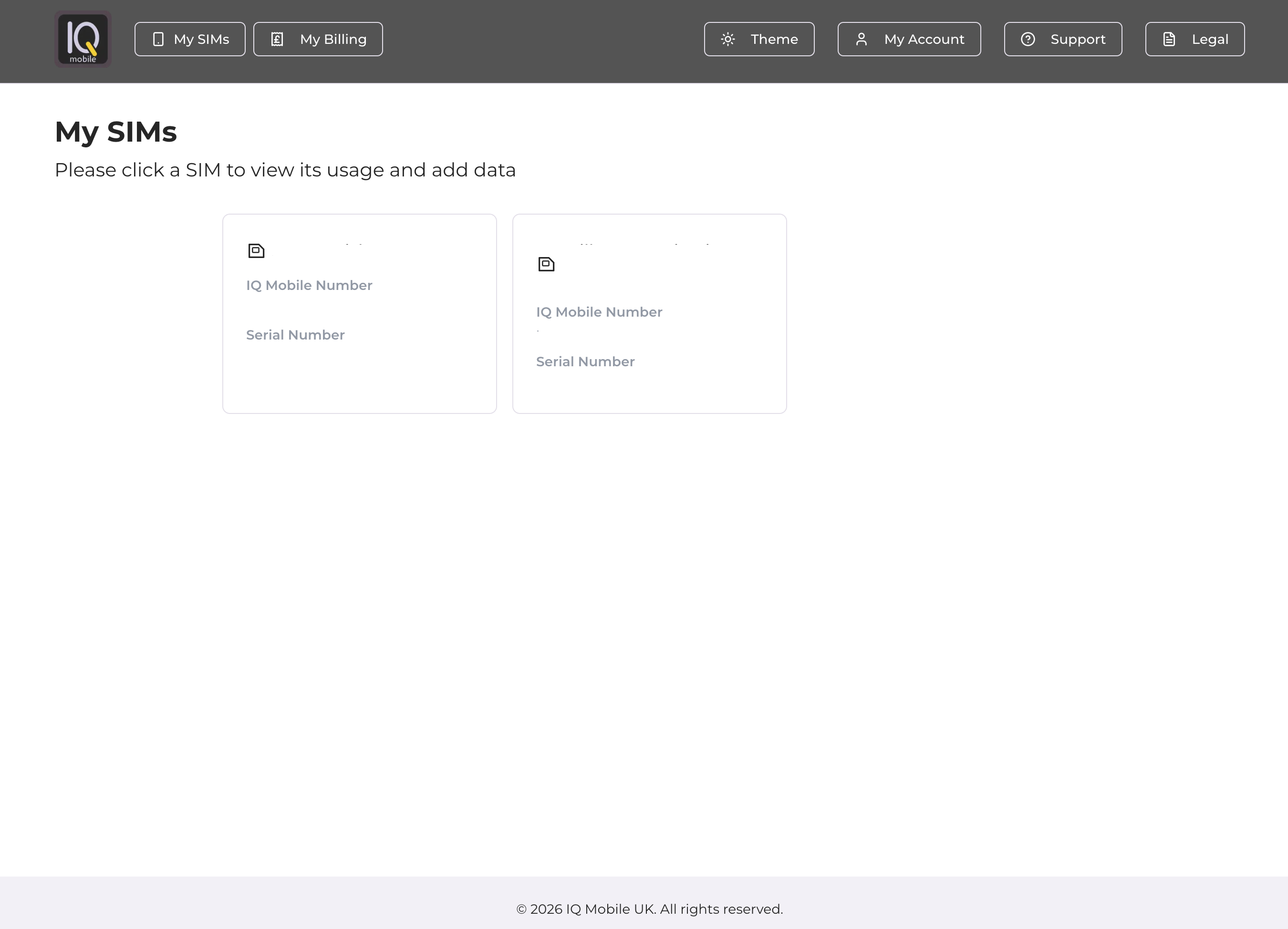 IQ Portal My SIMs dashboard