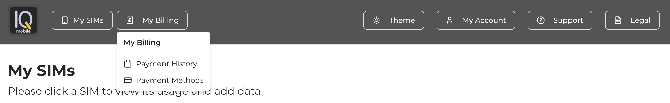 Billing options including Payment History and Methods