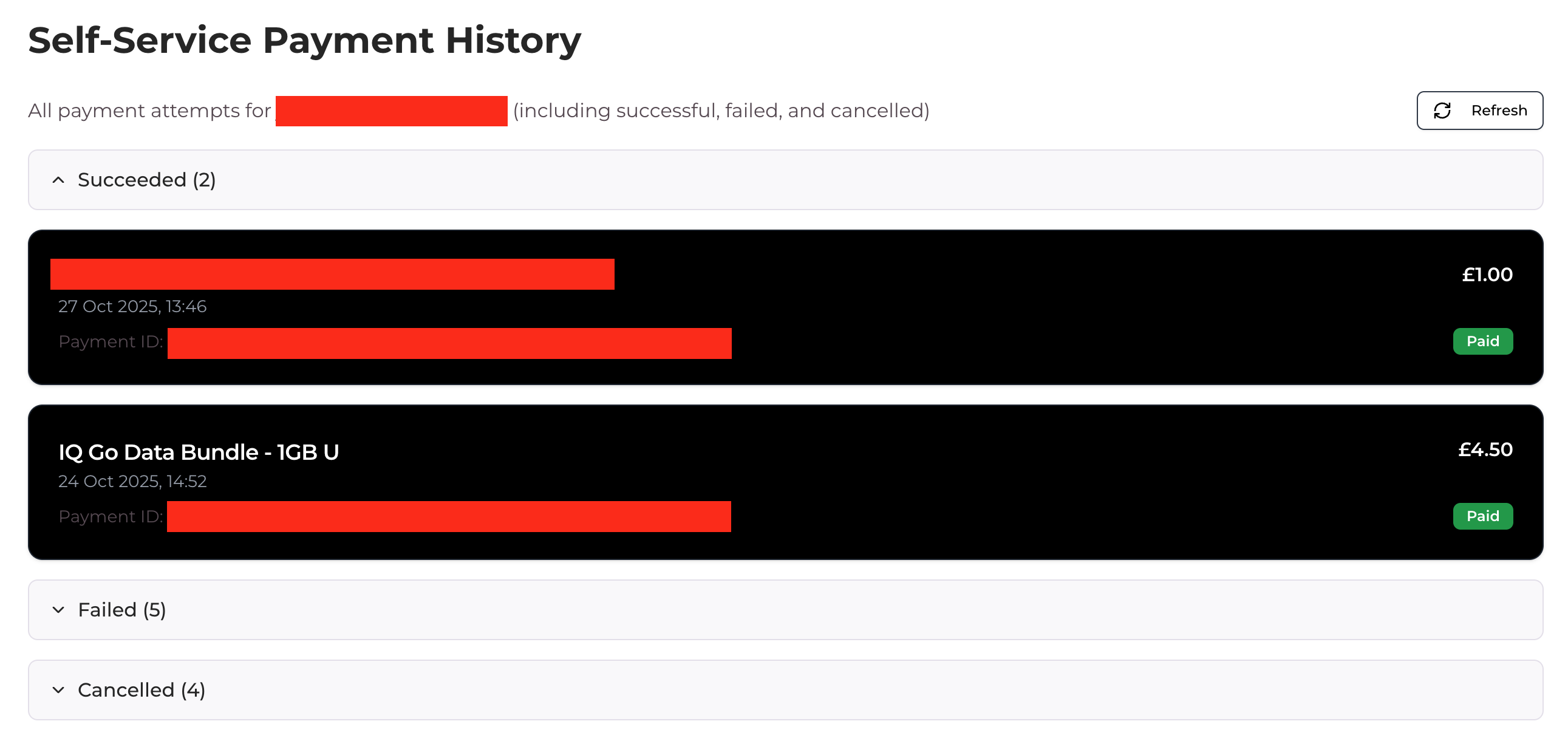 Payment History screen in IQ Portal