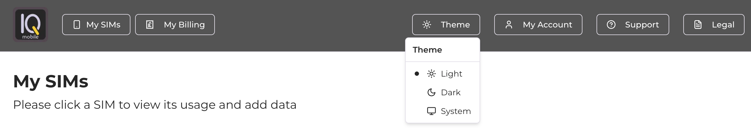 Dark mode dashboard view
