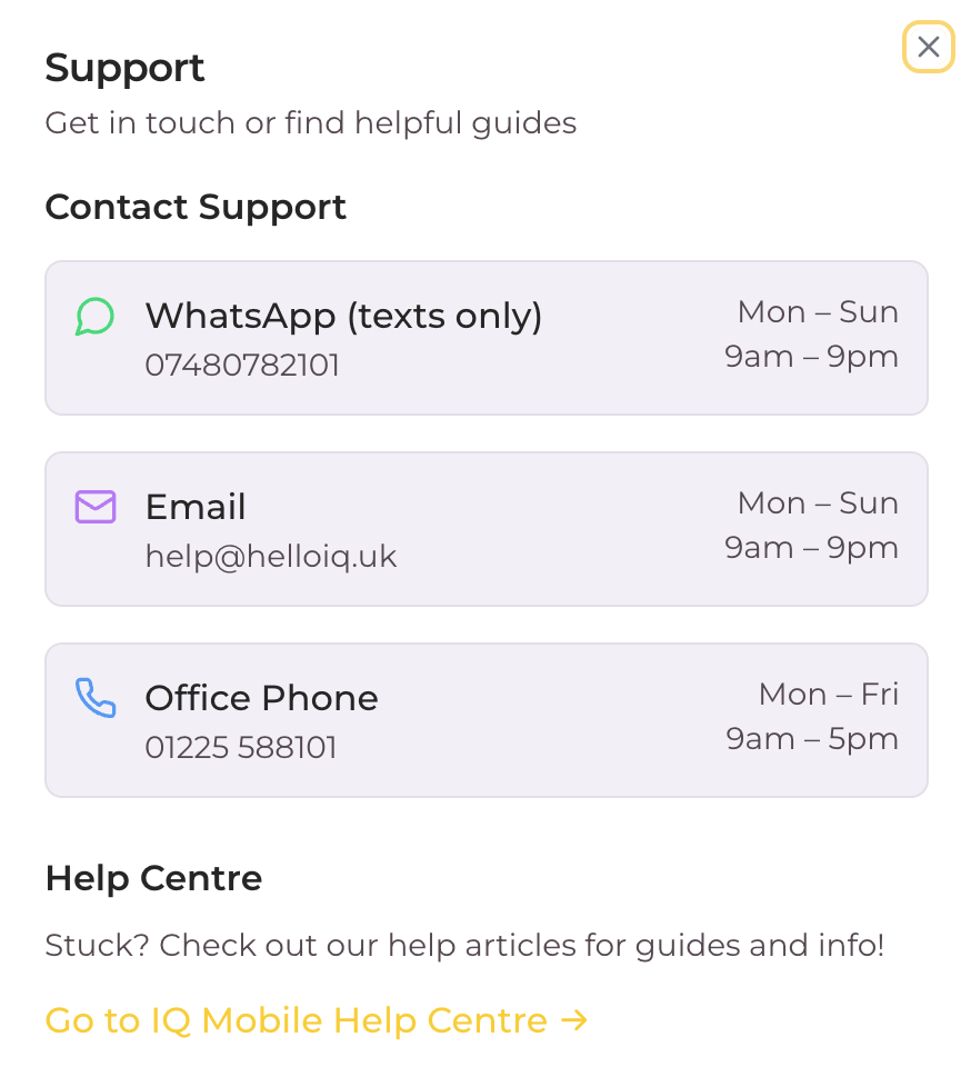 Support contact popup with WhatsApp, email, and phone options