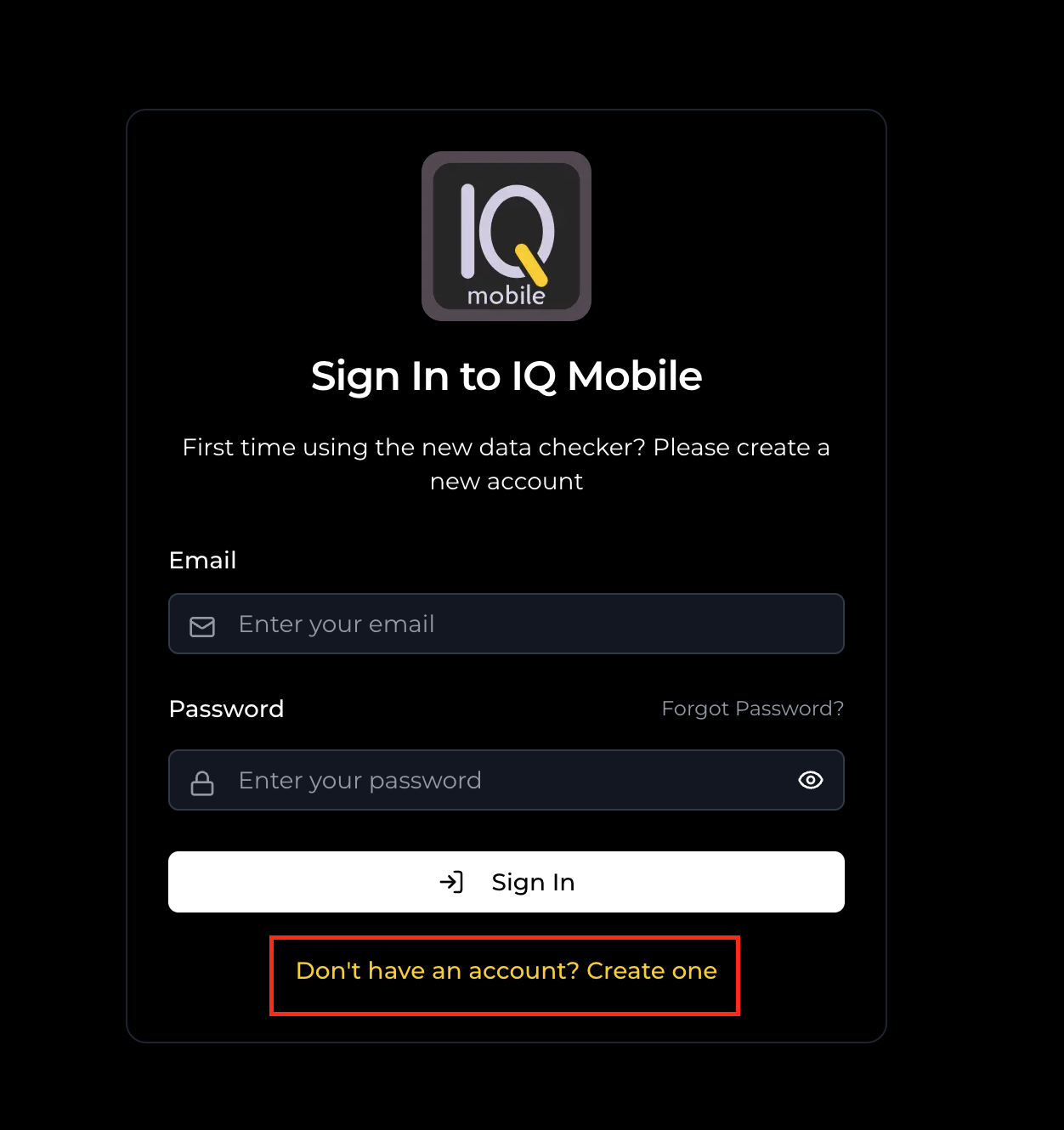 Create account button on IQ Portal login page