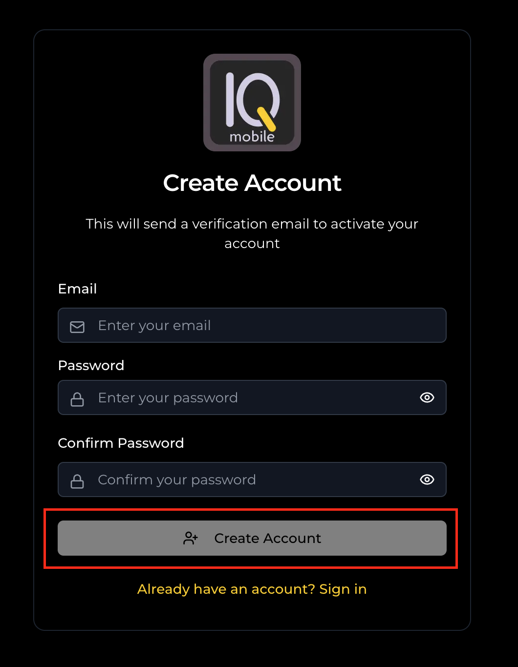 Account creation form