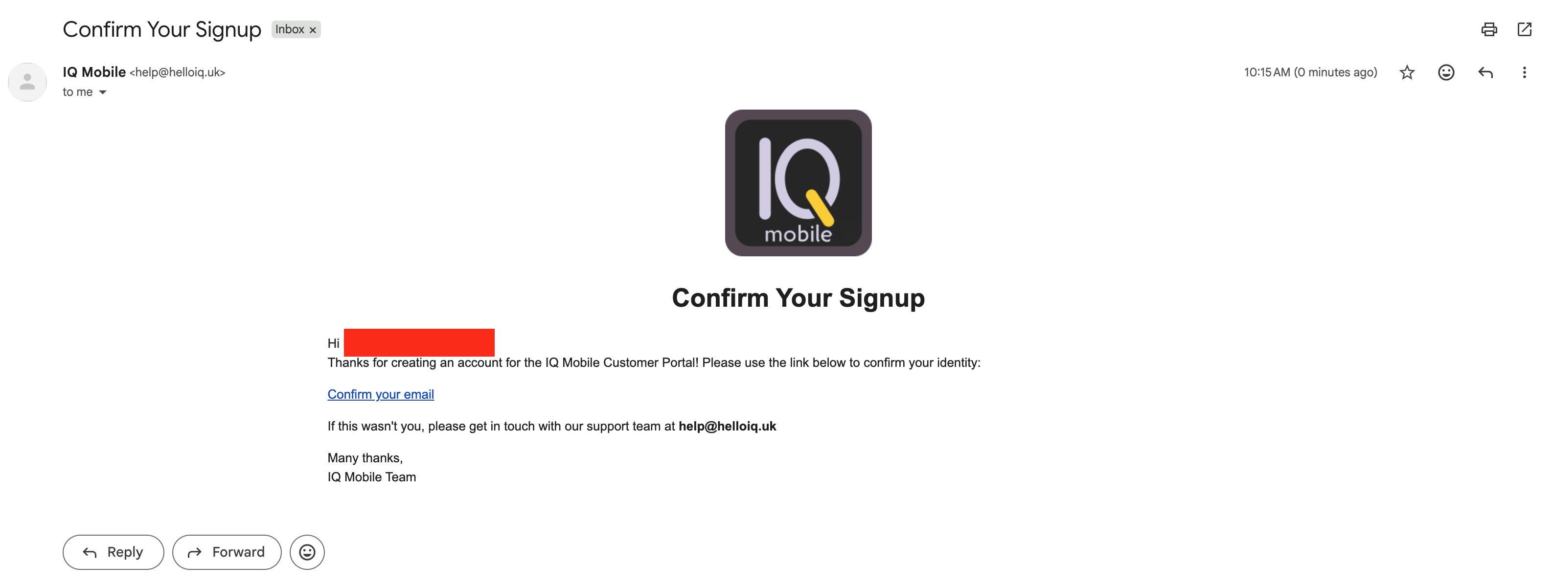 Confirmation email from IQ Mobile