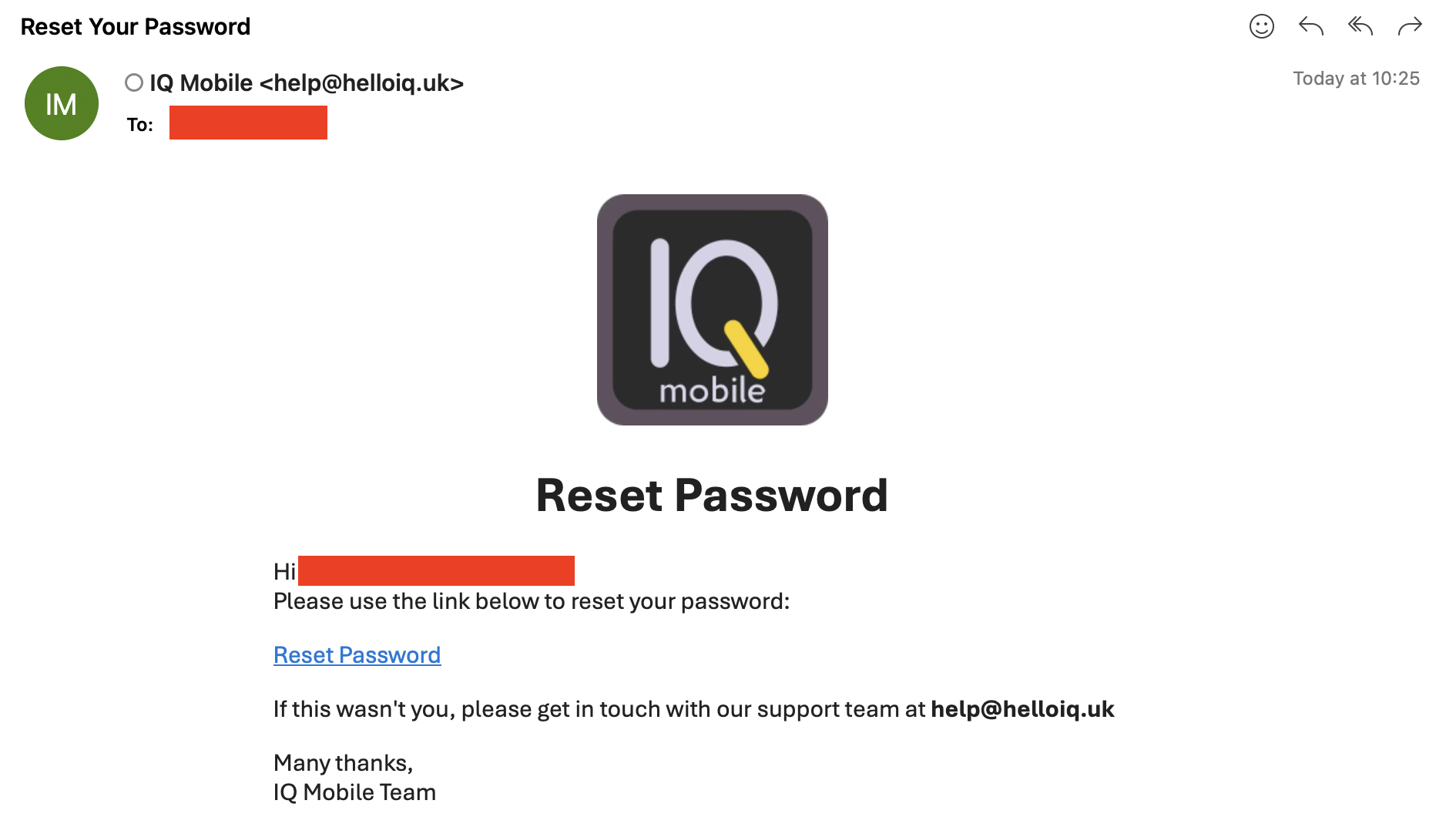 Password reset email from IQ Mobile