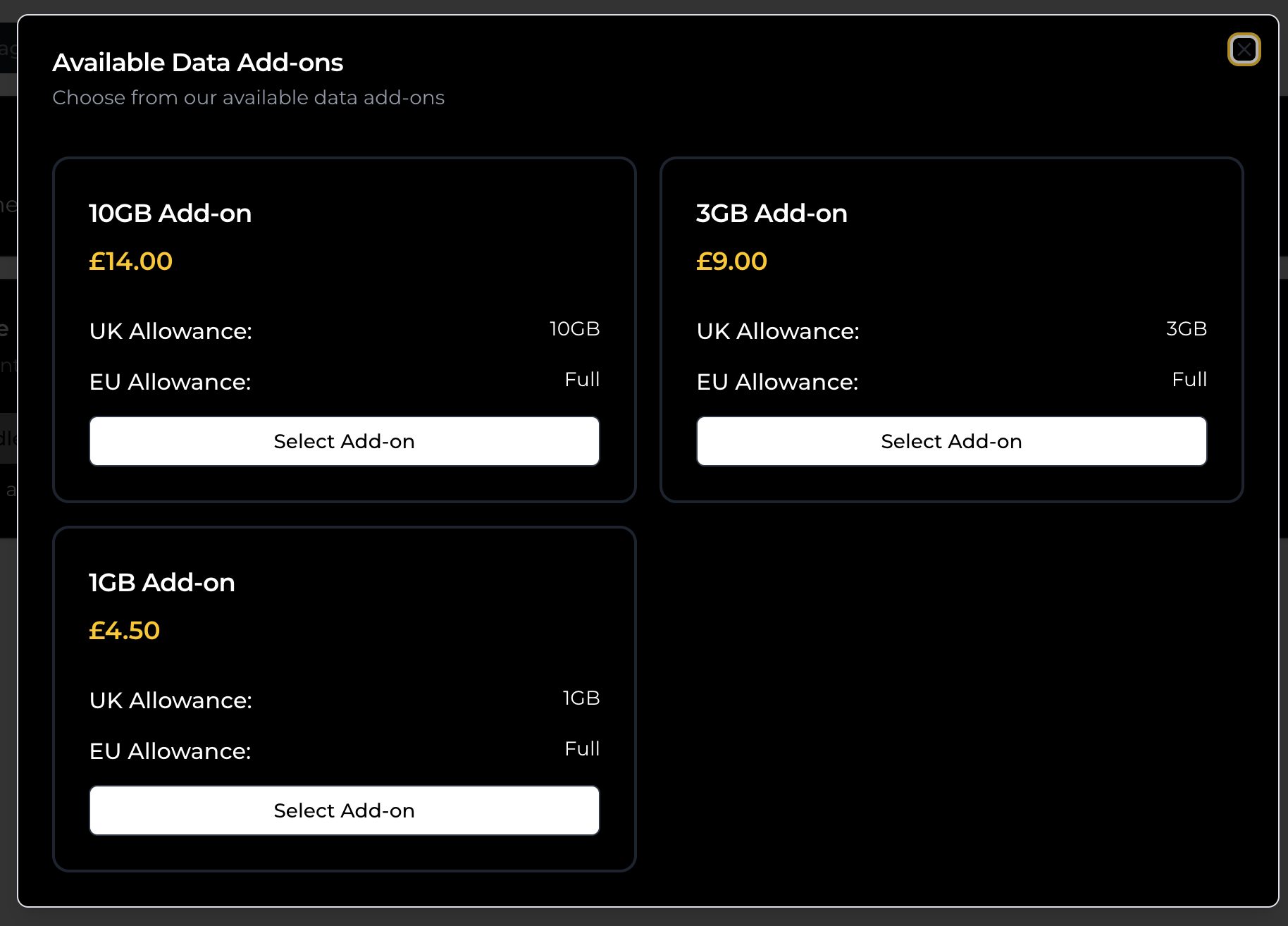 Add-on selection options