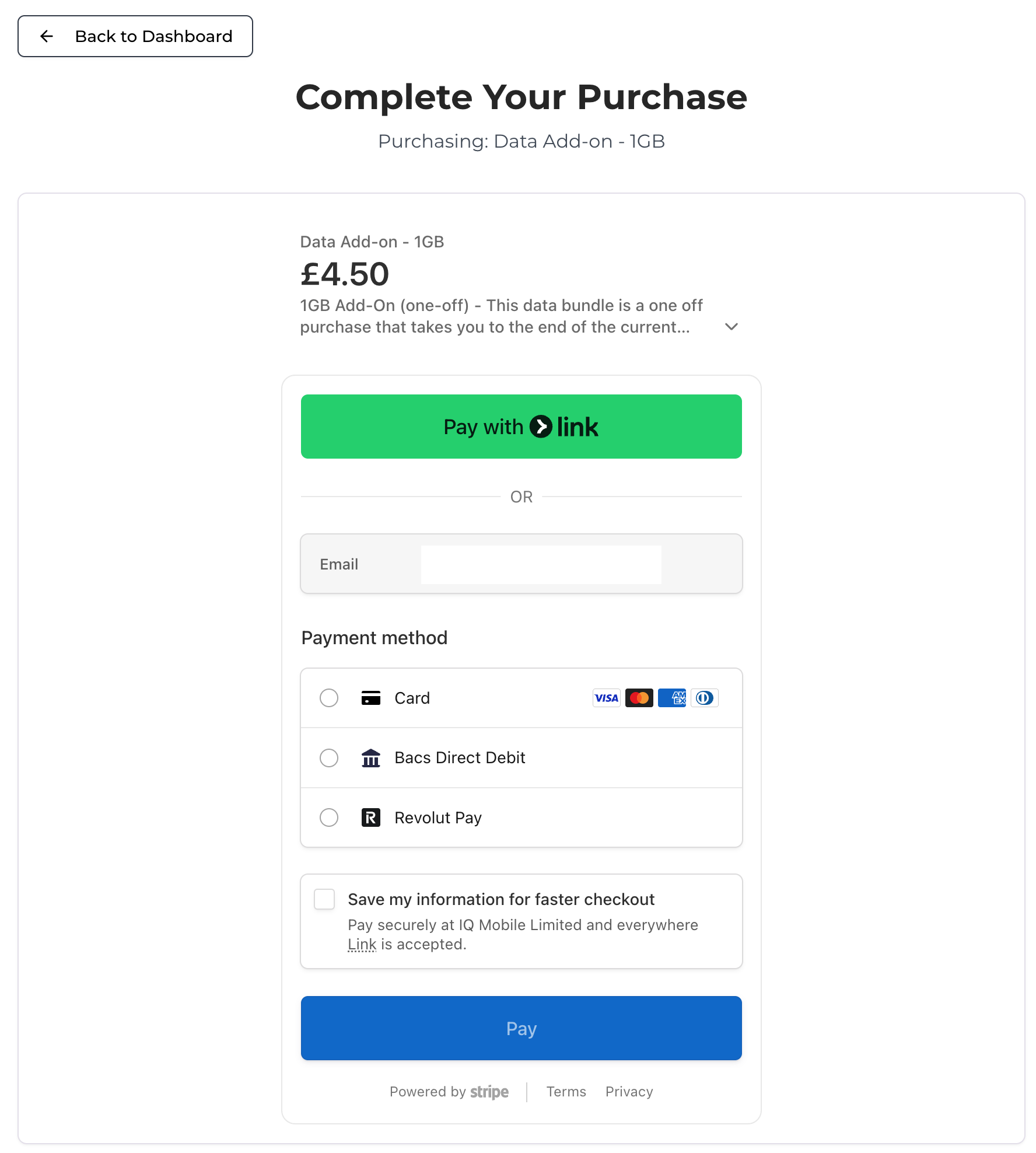 Checkout form for purchasing data