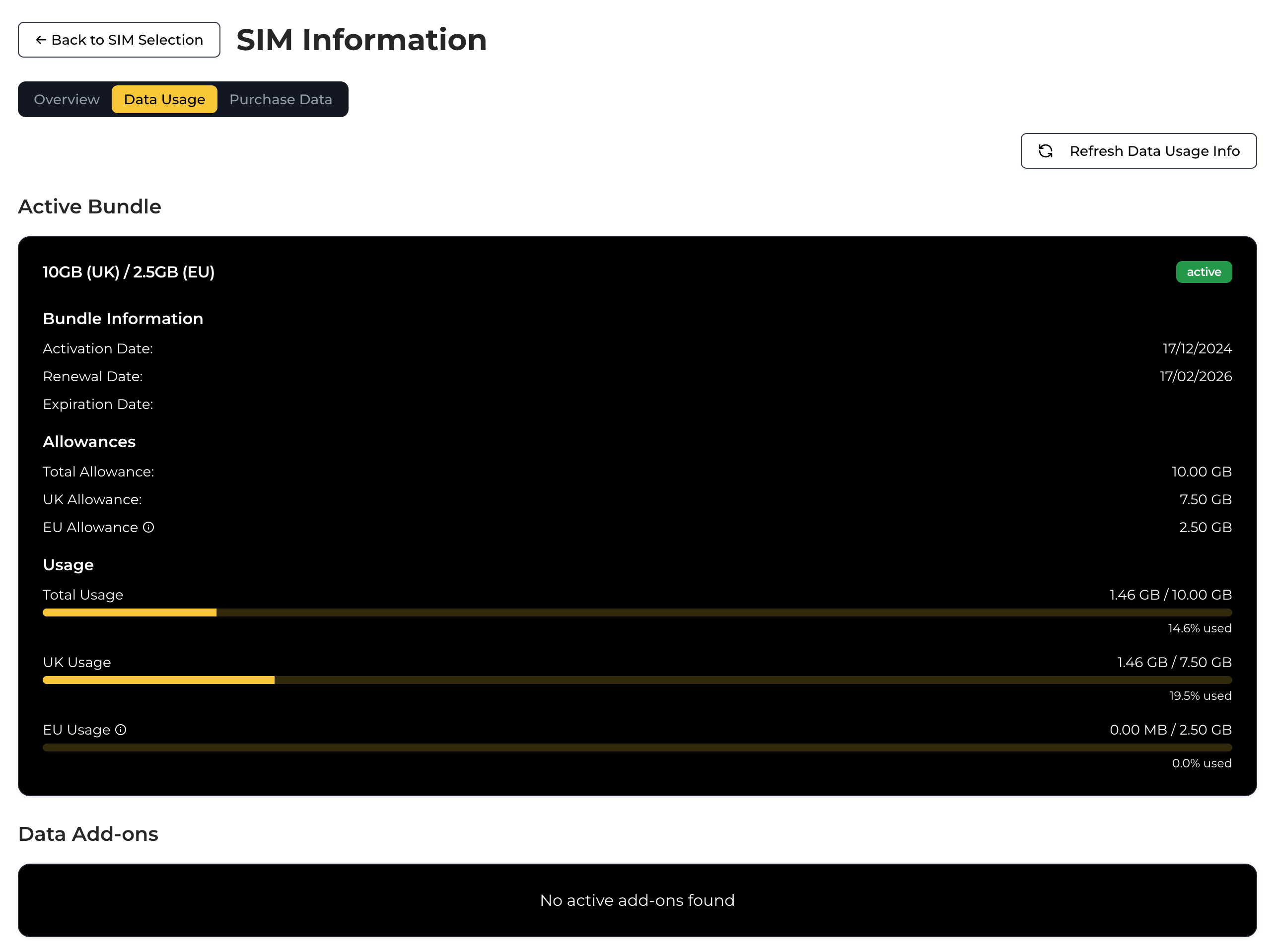 Data usage display with active bundle details and Refresh button