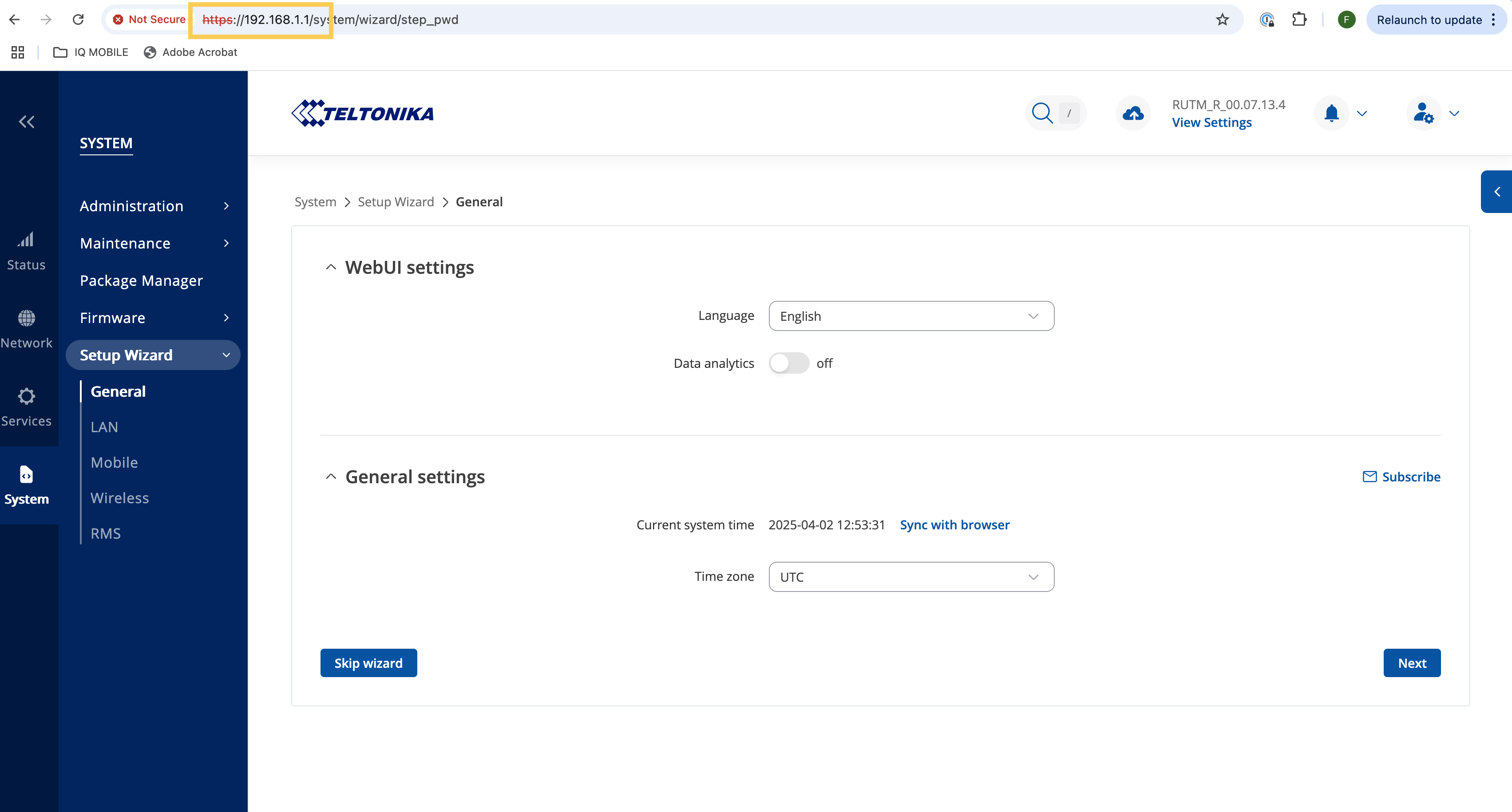 Teltonika RUTM51 login screen