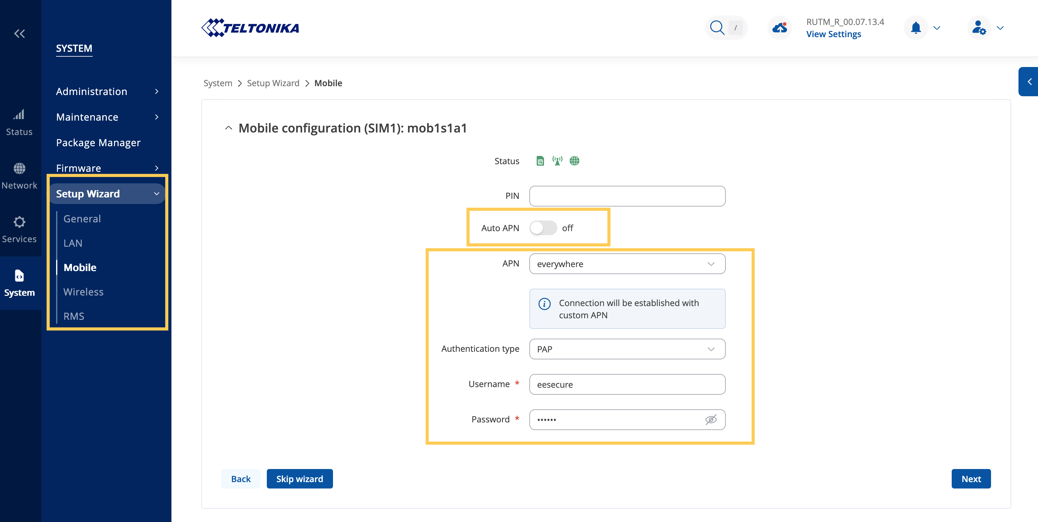 Teltonika APN settings menu in setup wizard