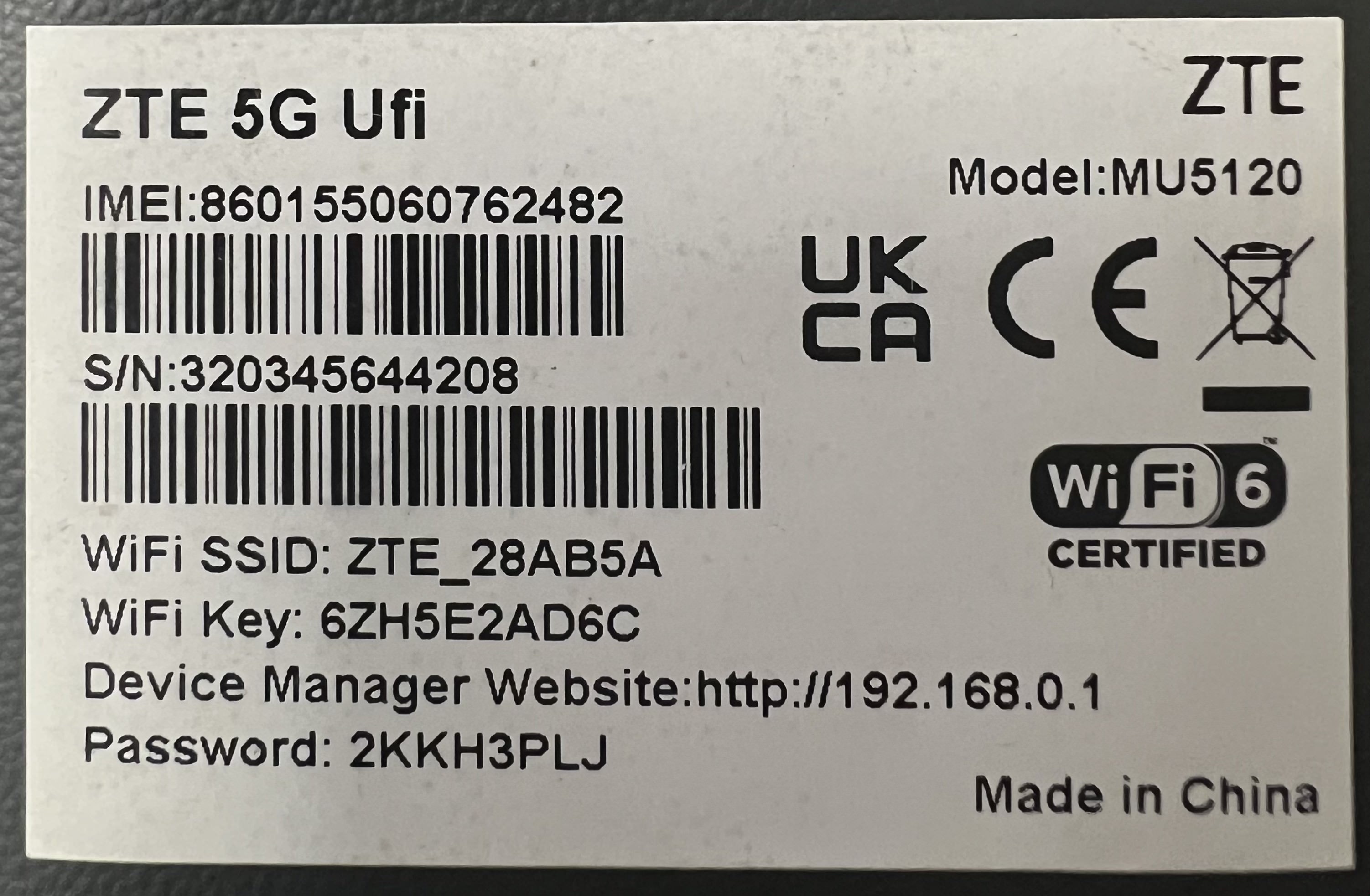 ZTE MU5120 sticker with key information