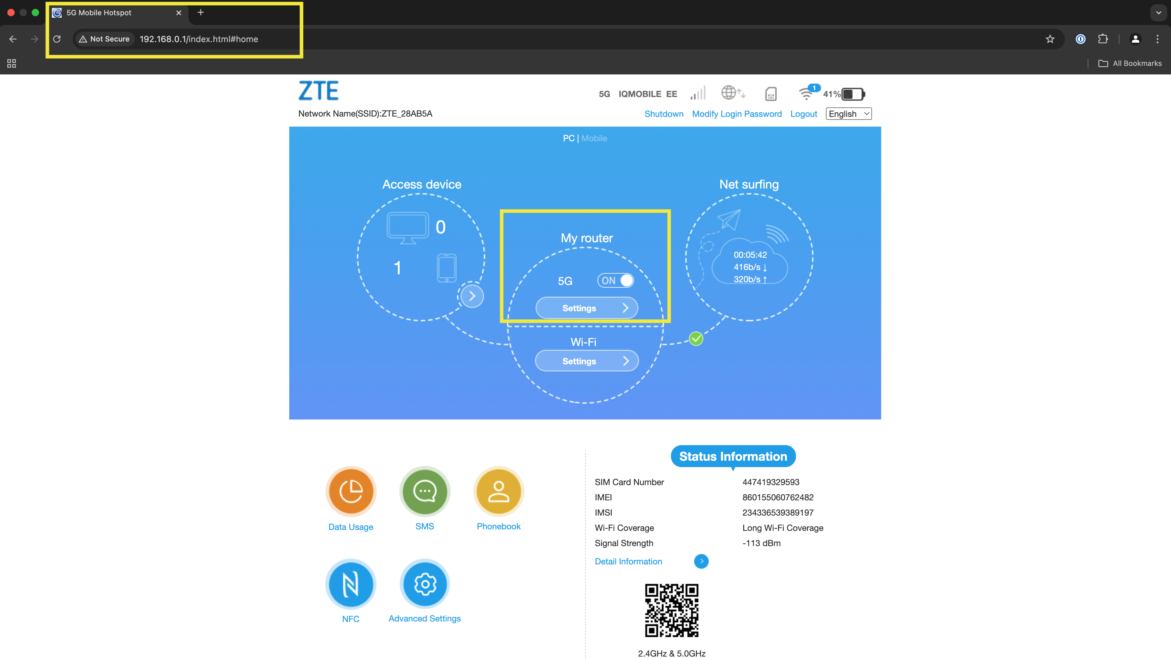 ZTE MU5120 router dashboard