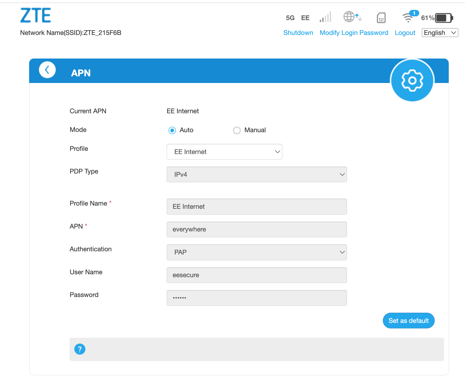 APN configuration screen with Auto settings