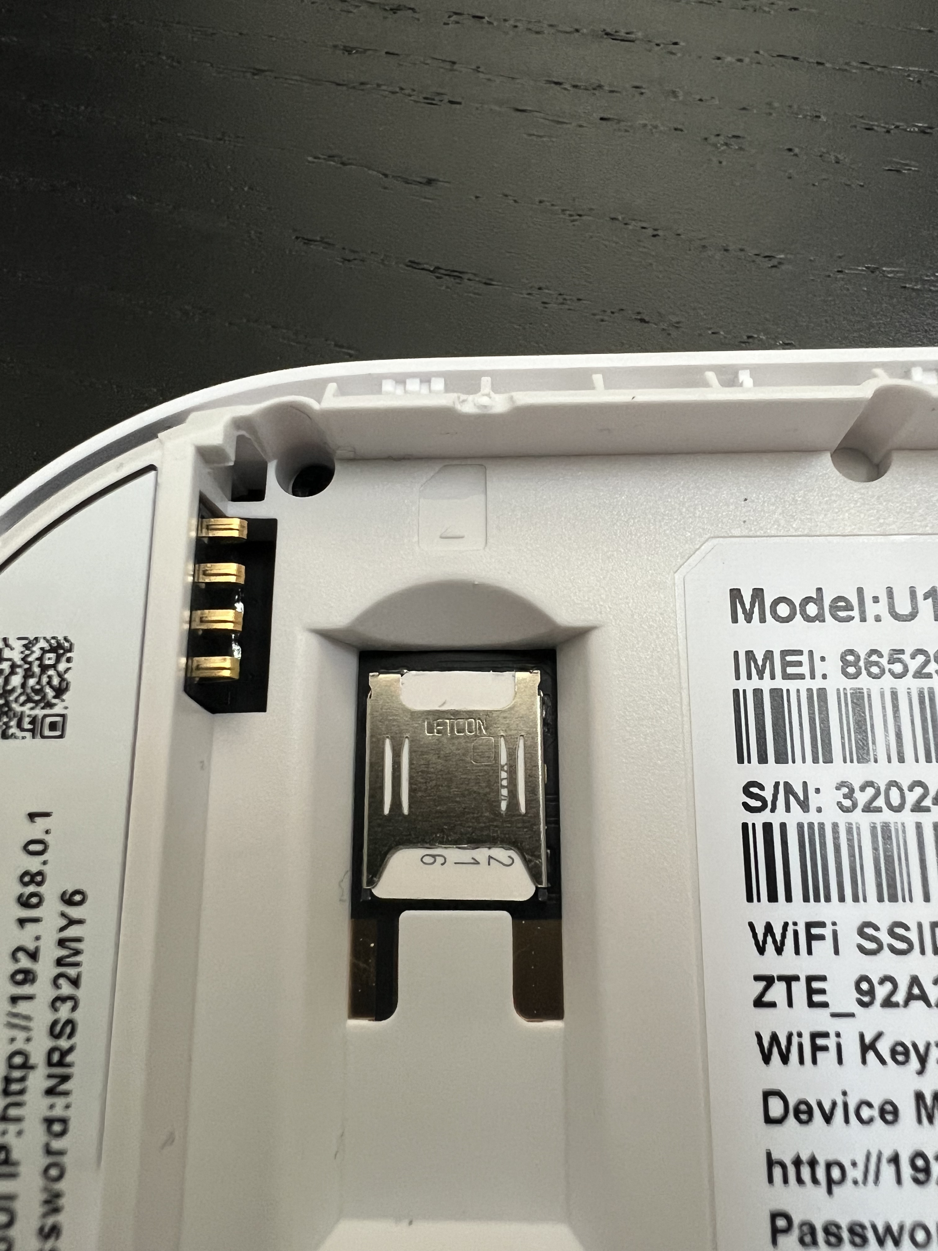ZTE U10 SIM card slot showing nano SIM insertion point