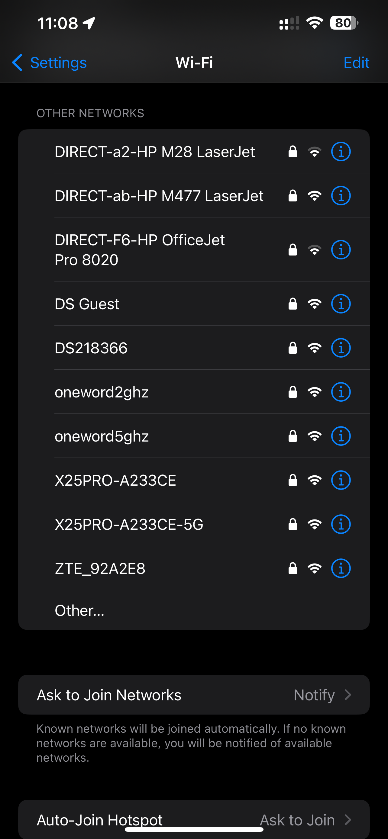 iPhone WiFi settings menu