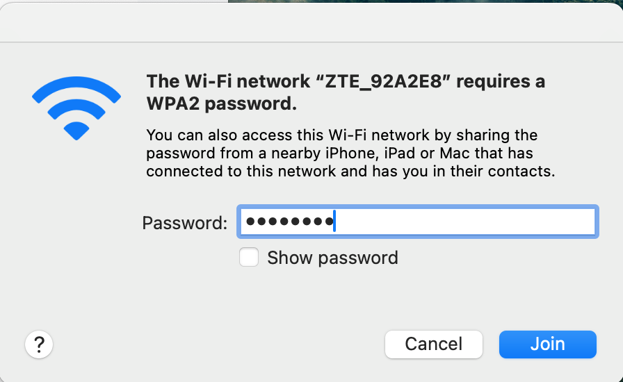 Laptop WiFi password entry screen