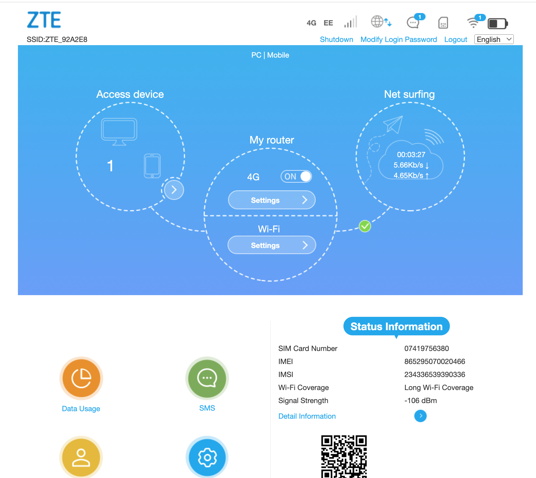 ZTE U10 web interface main dashboard